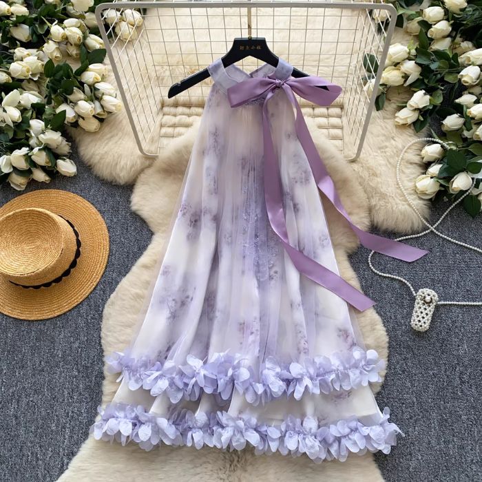 ワンピース アメリカンスリーブ 花柄 チュール スパンコール リボン Aライン ミニ パープル 紫 グリーン 緑 ベージュ 生成 上品 きれいめ 大きいサイズ オシャレ 20代 30代 40代 着痩せ 小顔 フェミニン エレガント レディース フォーマル 体型カバー 大人