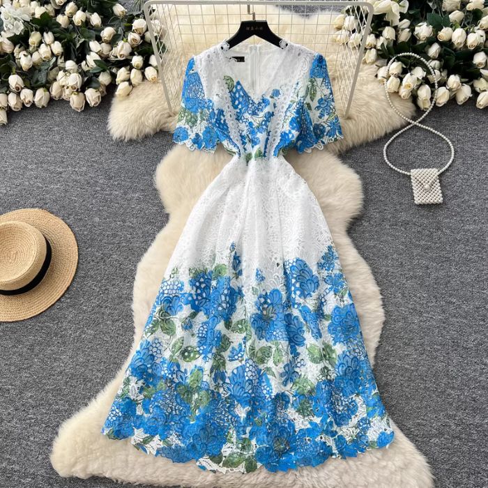 ワンピース 花柄 レース Vネック 半袖 Aライン ロング ワンピース ブルー 水色 イエロー 黄色 パープル 紫 ピンク上品 きれいめ オシャレ 大きいサイズ 20代 30代 40代 50代 着痩せ 上品 かわいい エレガント フェミニン レディース フォーマル 体型カバー 大人