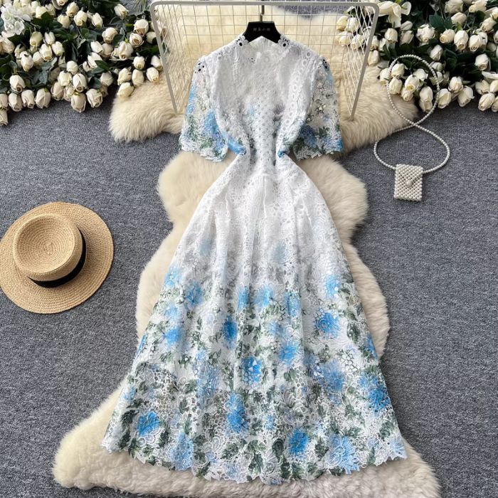 ワンピース 花柄 レース スタンドカラー 半袖 Aライン ロング ワンピース ブルー 水色 パープル 紫 イエロー 黄色 ピンク上品 きれいめ オシャレ 大きいサイズ 20代 30代 40代 50代 着痩せ 上品 かわいい エレガント フェミニン レディース フォーマル 体型カバー 大人｜ＧＬＩＴＴＥＲ　ＤＲＥＳＳ