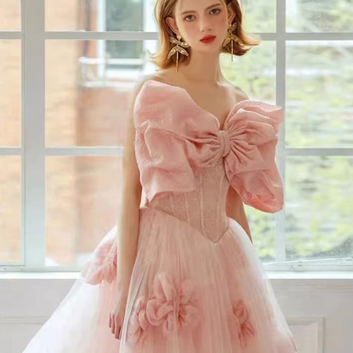 ベア フラワー リュクス ロングドレス ワンピース OSYAREVO ドレス ベアトップ リボン×フリル ロングドレス