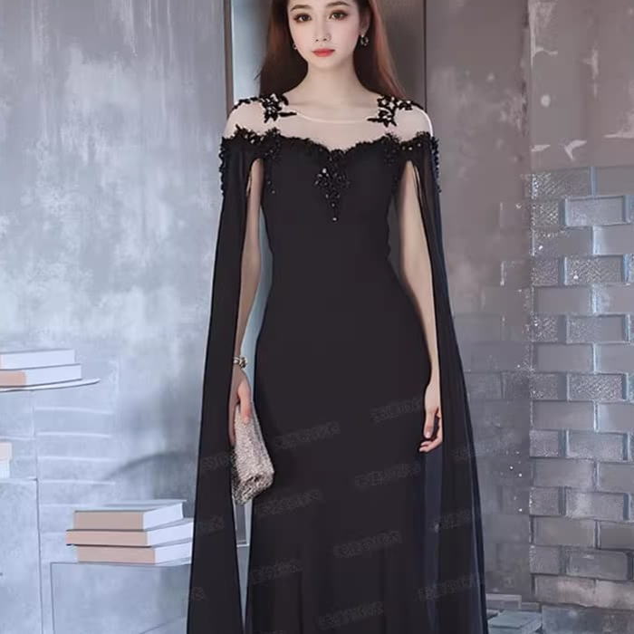 ビーズ装飾付き黒ロングドレス 楽天市場】パーティードレス ロング ドレス 黒 袖あり バイ