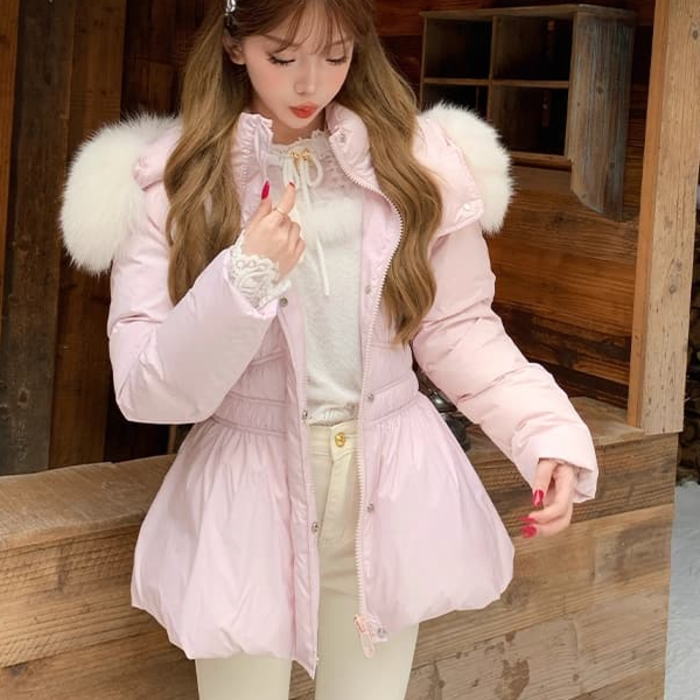 オンワード　ロングコート　フォックスファー　希少カラー　ふわふわ　中綿ポリ フォックスファーフーディーウールロングコート「K1162」-RUIRUE