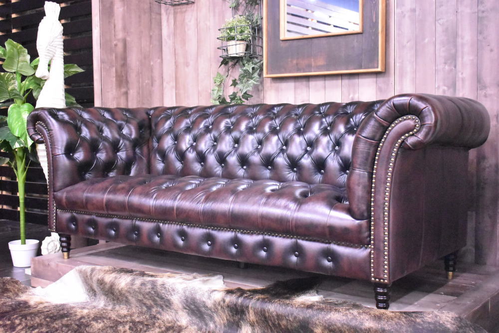 楽天市場】本革 チェスターフィールド 3Pソファ バーガンディレッド