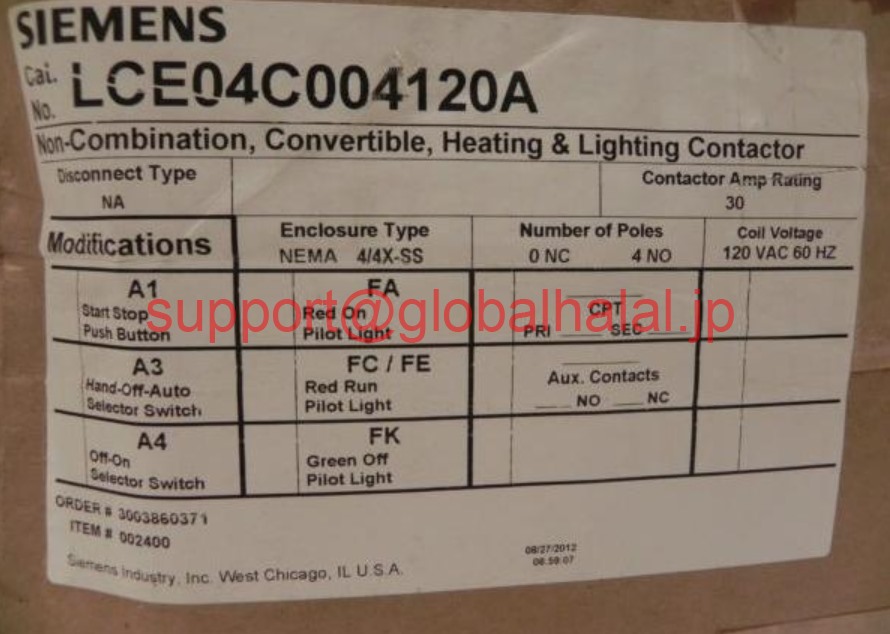 新品【日本の首都発★適当お願いごと書★税込】ジーメンス Siemens 4 Pole 30 Amp Lighting Contactor Stainless Steel Nema 4X LCE04C004120A【６ヶ月引き受ける】
