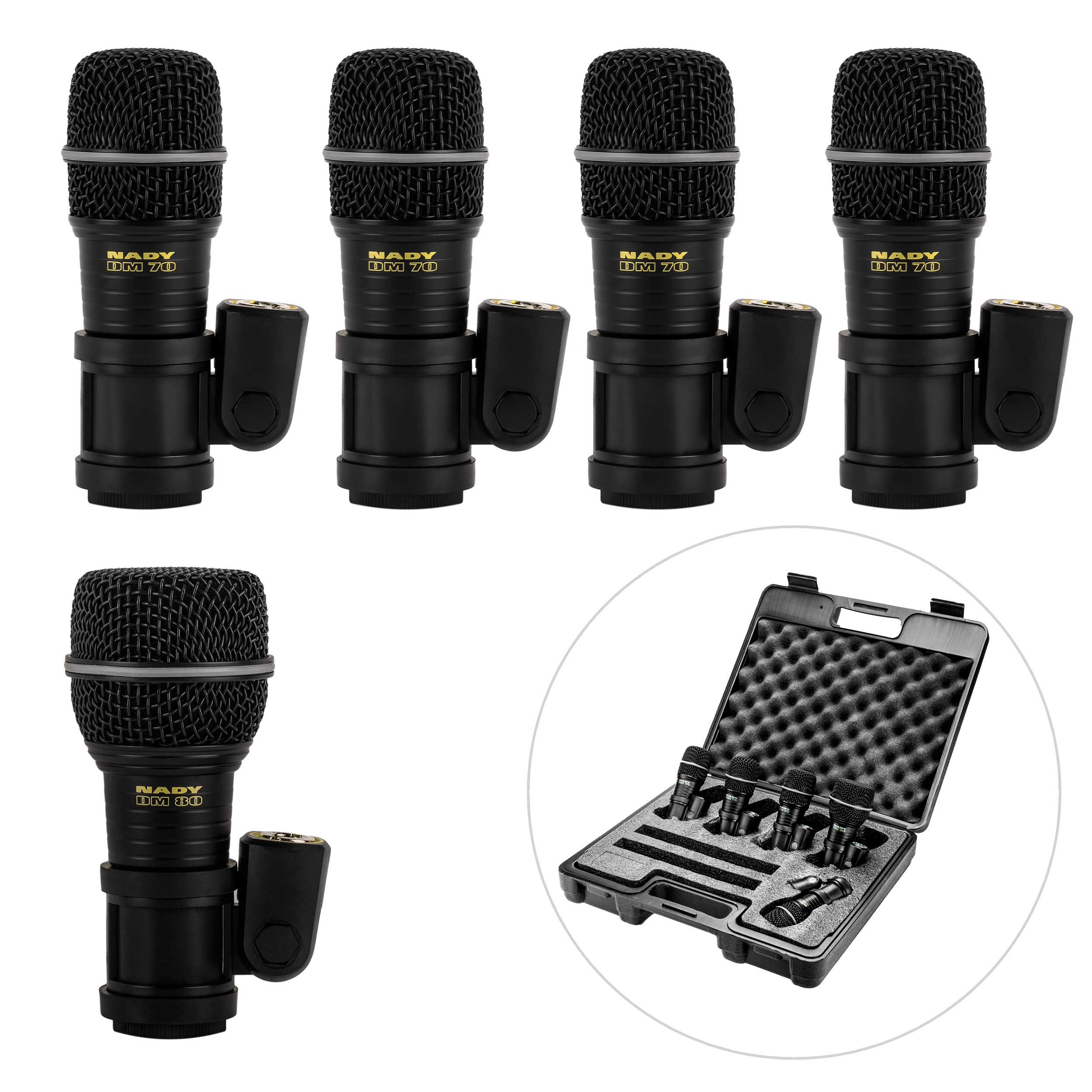 Nady DMK-5 Five Piece Drum Microphone Kit - Includes four DM-70 tom/snare microphones one DM-80 kick drum microphone and a foam-lined storage case画像