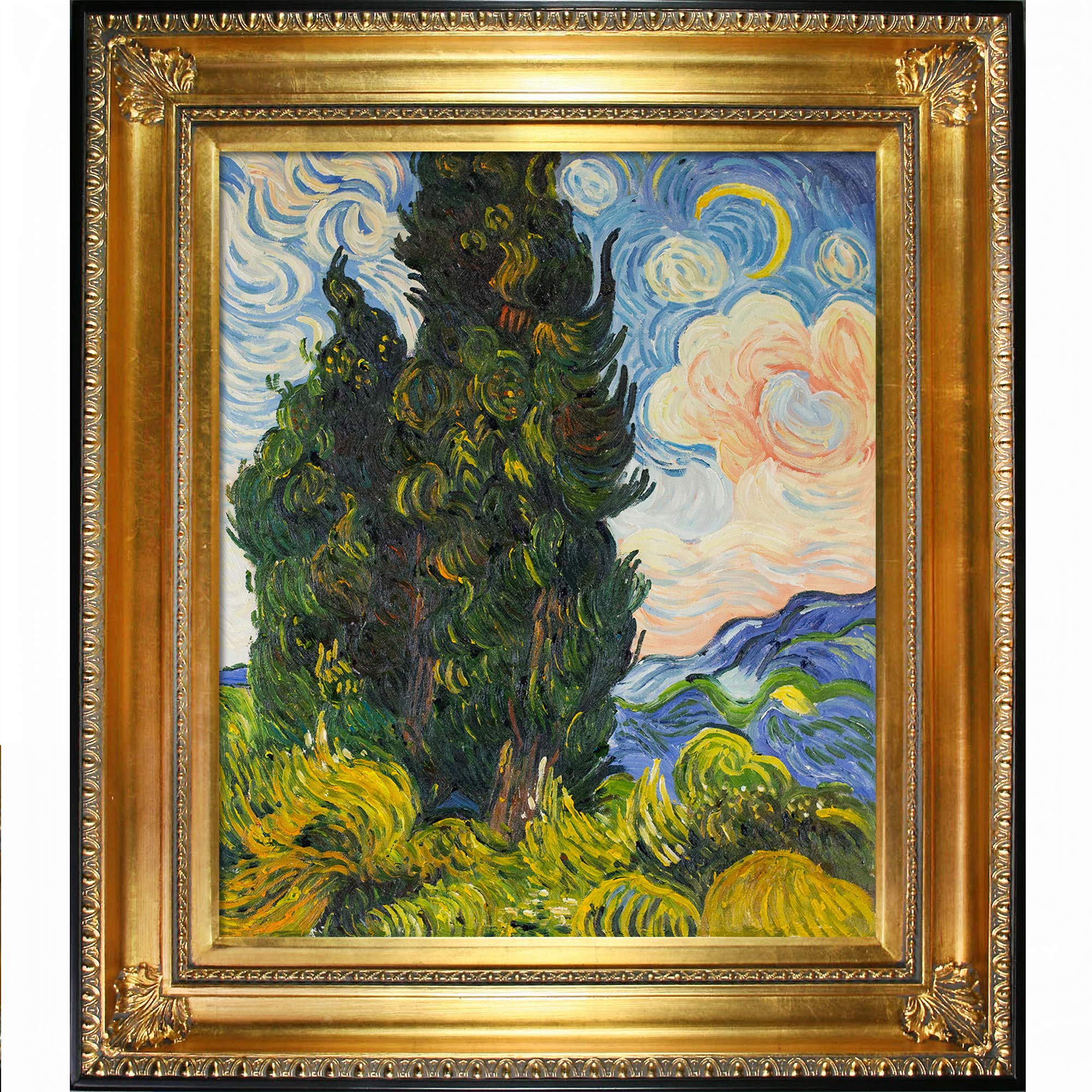 overstockArt Van Gogh 2-cypresses Oil Painting with Regencyゴールドフレーム、ゴールド仕上げ