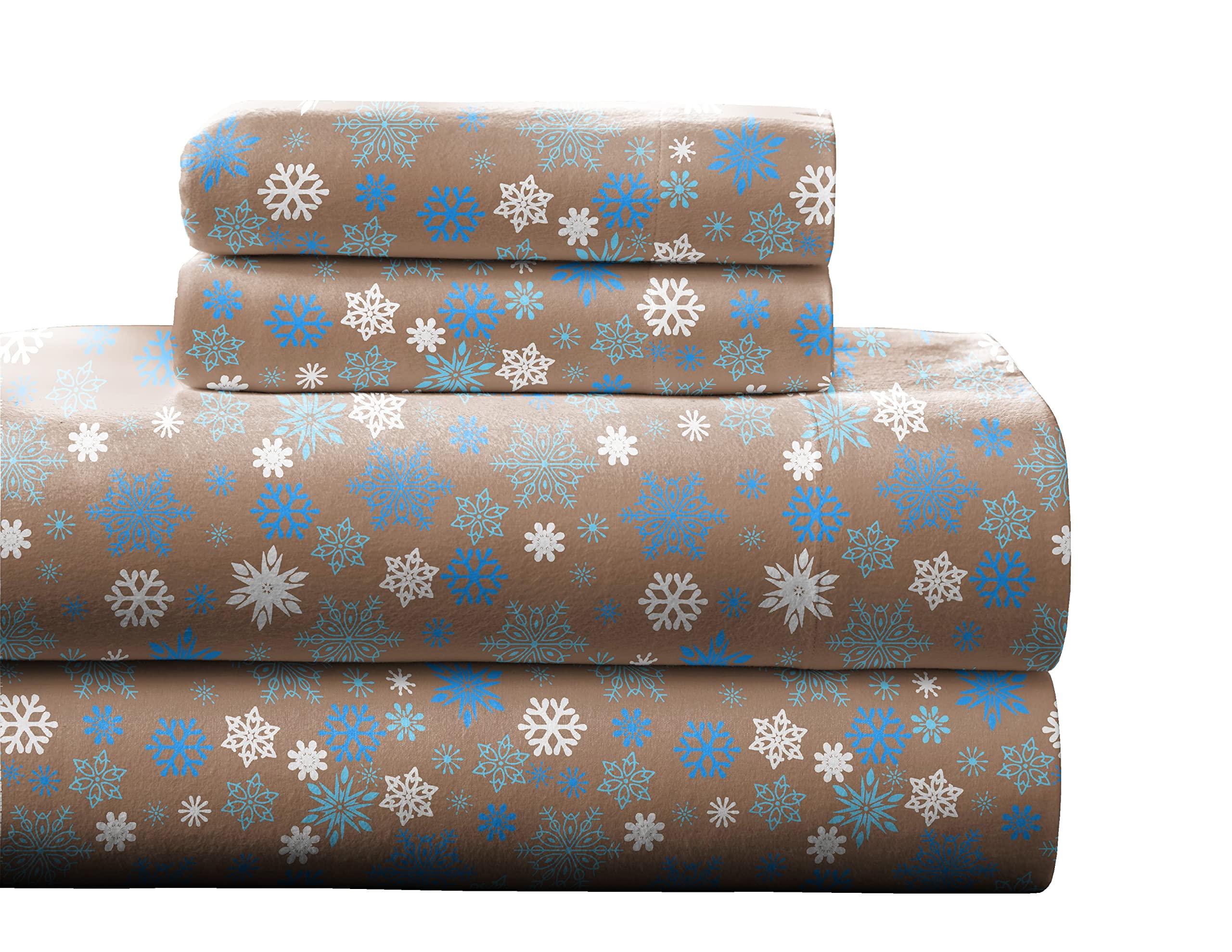 (King  Snow Flakes  Tan) - Pointehaven Heavy Weight Printed Flannel King Sheet Set  Snow Flakes  Tan