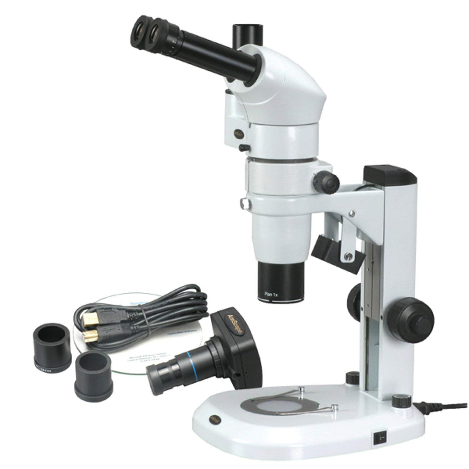 AmScope デジタル三メガネ似ているの主な役立つことはステレオ望遠レンズマイクロスコープ、WH10x接眼水晶体、8X-80X倍率、0.8X-8X望遠レンズの役立つこと、柱照明ランプ、100V-240Vは、押さえる水晶体とソフトウエアとの1.3MP写真機を含みます