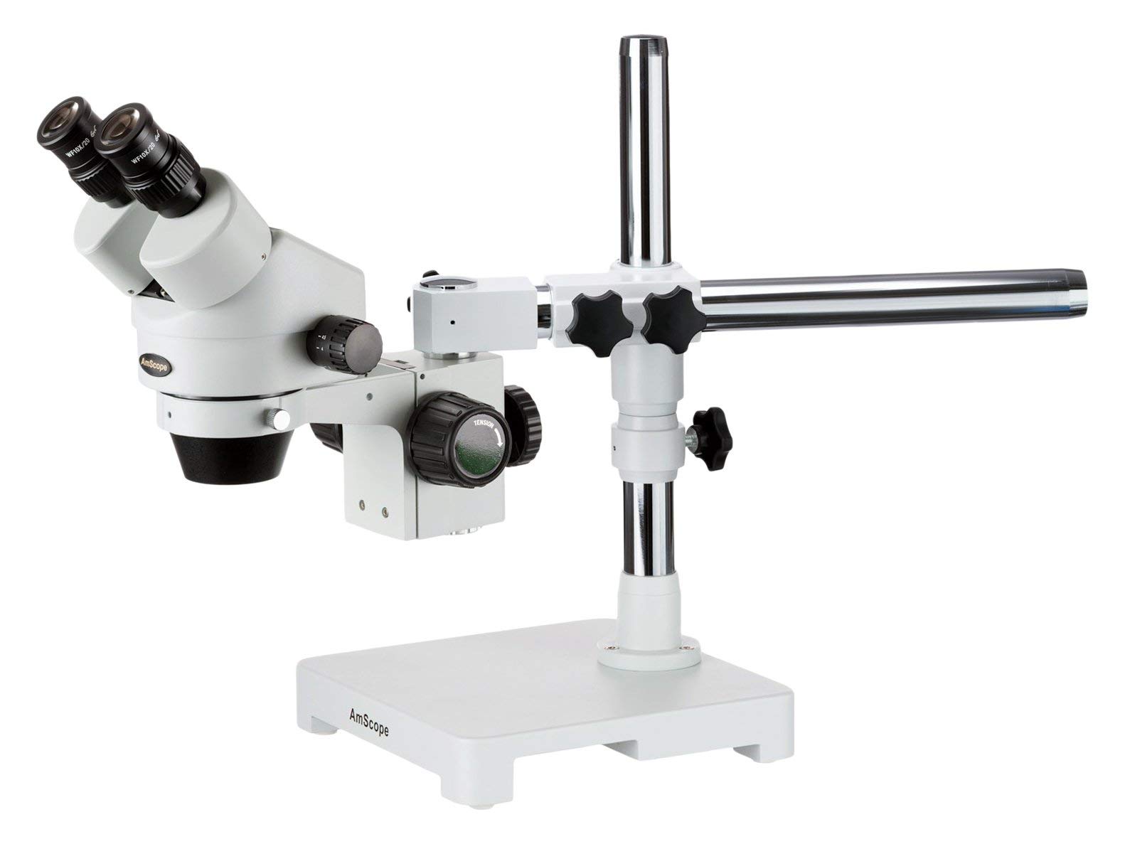 AmScope 職業的両眼ステレオ望遠レンズマイクロスコープ、WH10x接眼水晶体、7X-90X倍率、0.7X-4.5X望遠レンズ役立つこと、境界線の外側の照明装置、シングルアームブームスタンドは、2.0倍バロー水晶体を含みます