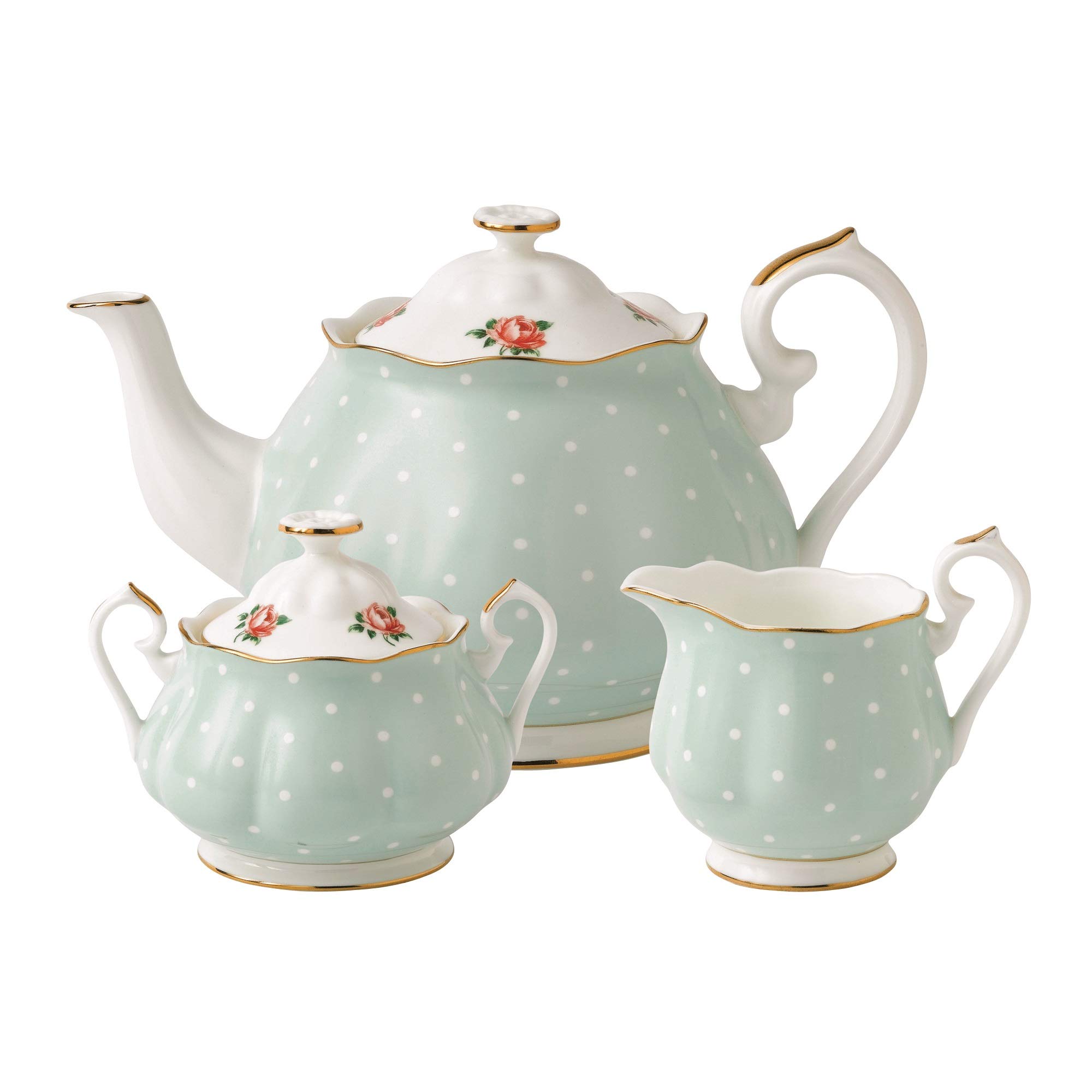 (POLKA ROSE 3-PIECE SET (TEAPOT SUGAR & CREAMER) Green White Pink) - Royal Albert Polka Rose Teapot Cream & Sugar Boxed Set|global研究所