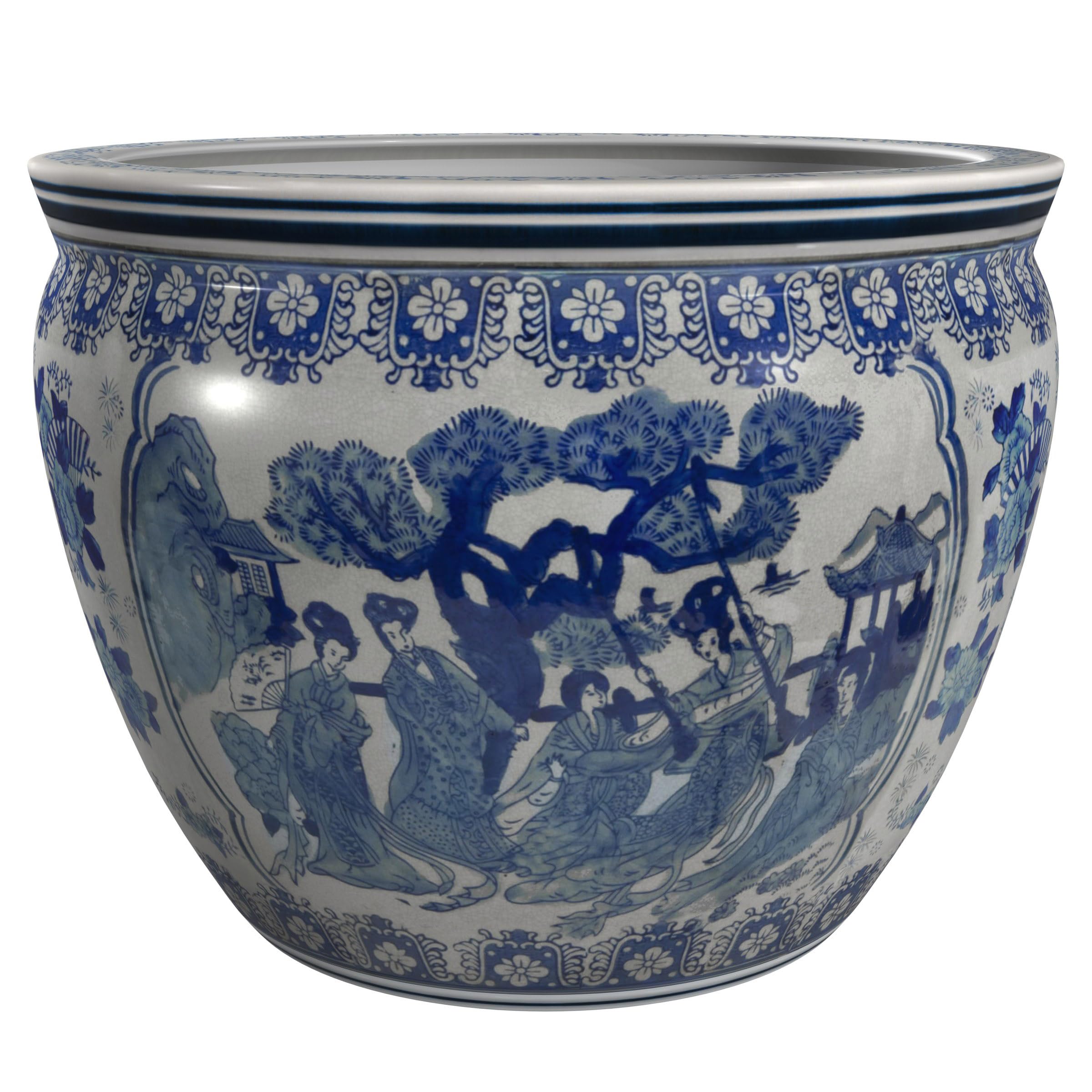 Oriental Furniture 12 Ladies Blue \u0026 White Porcelain Fishbowl 141［並行輸入］