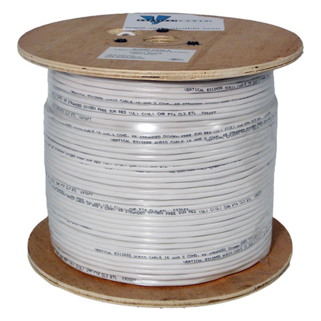 垂直ケーブルオーディオケーブル、16 AWG、4 Conductor 65ストランド1000 ft、PVC、ジャケット、木製スプール、ホワイト