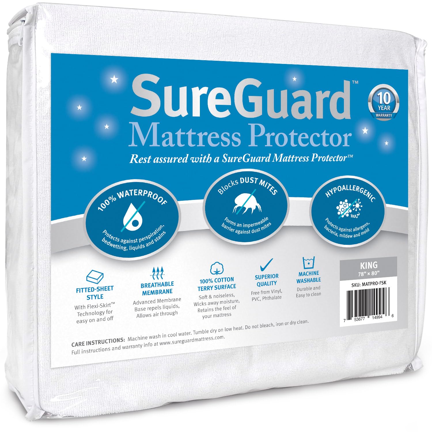 SureGuard キングサイズマットレスプロテクター - 100%防水、低刺激性 - プレミアムフィットコットンテリーカバー ホワイト