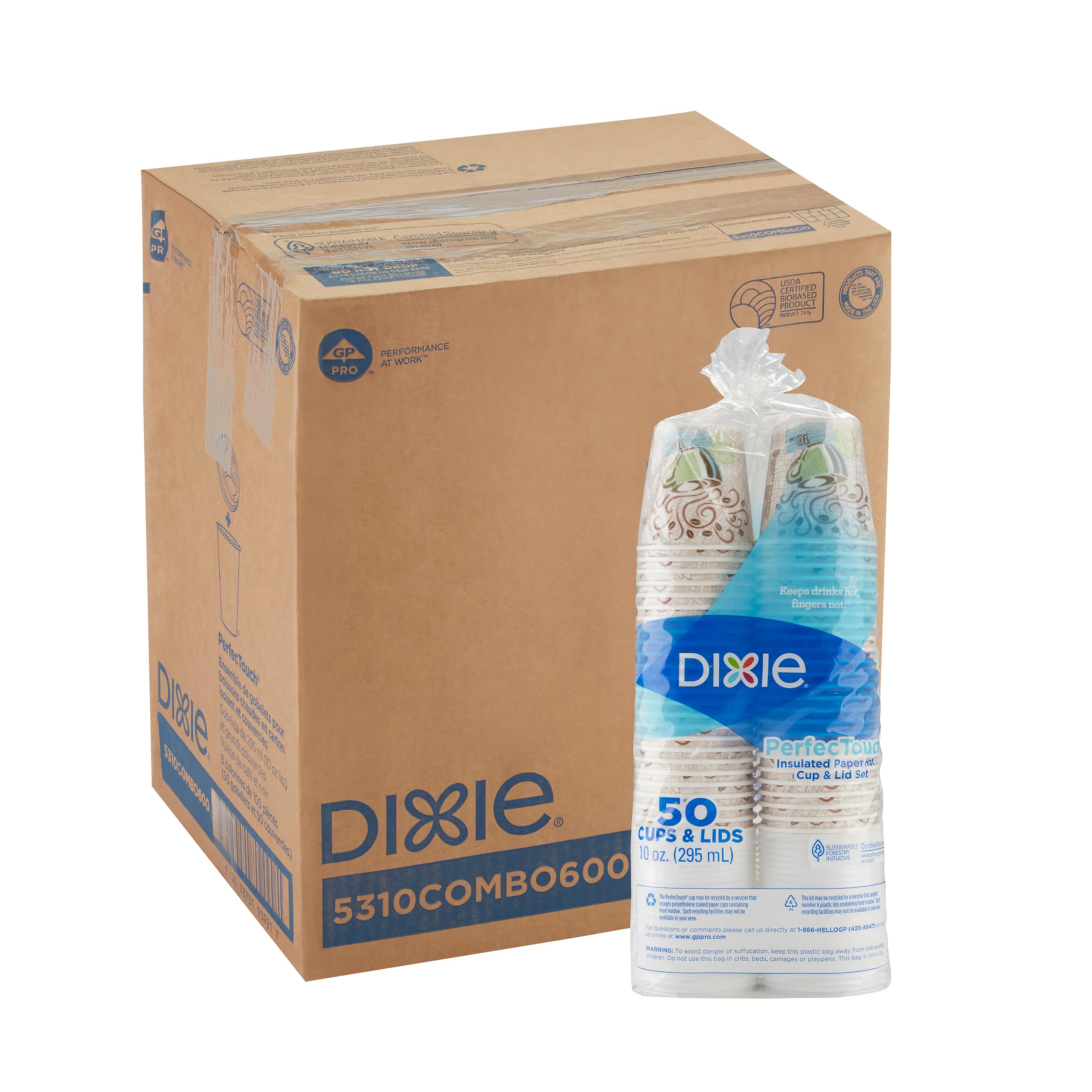 PerfecTouch Insulated用紙ホットカップ、新しいコーヒーデザイン 10 Ounce - 300 Cups w/Lids 5310COMBO600 1