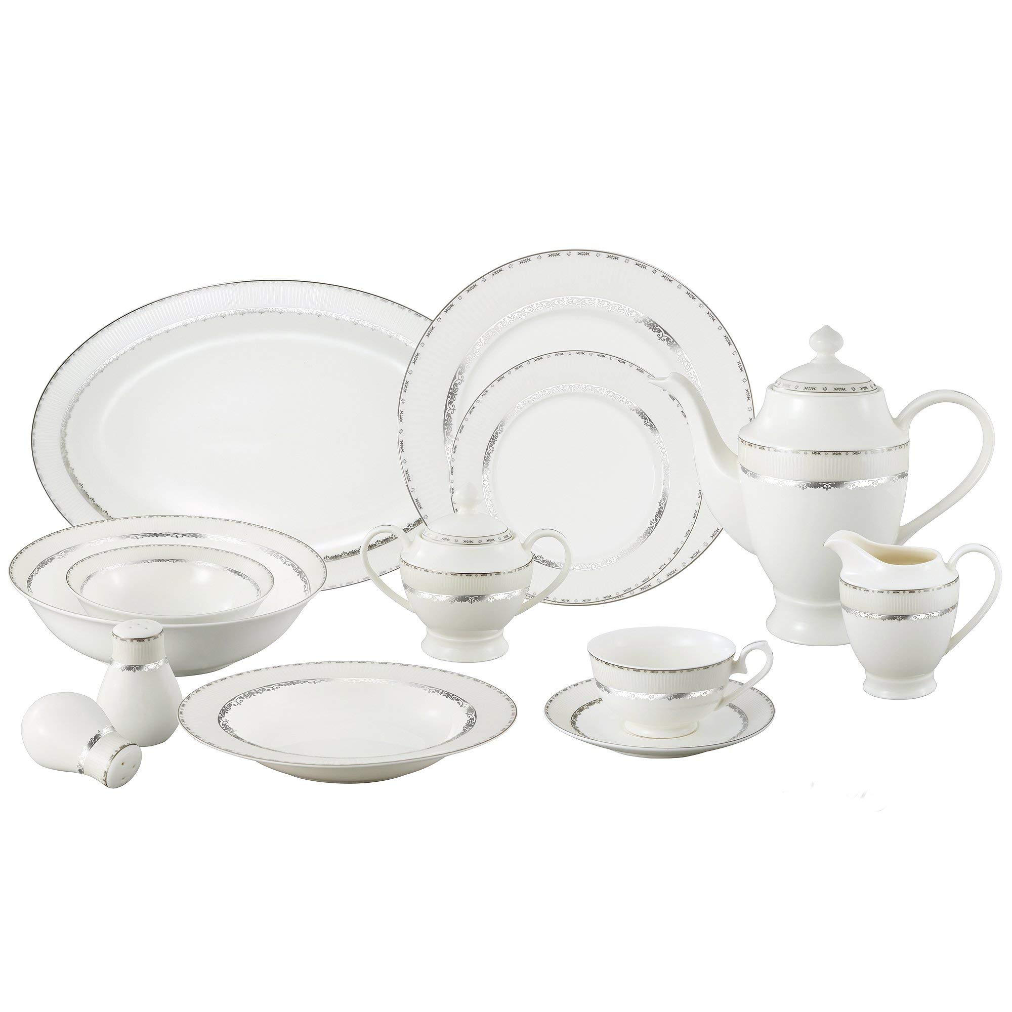 Lorren Home Trends La Luna Bone China 57ピース シルバーエンボスデザイン ディナーウェアセット 8人用