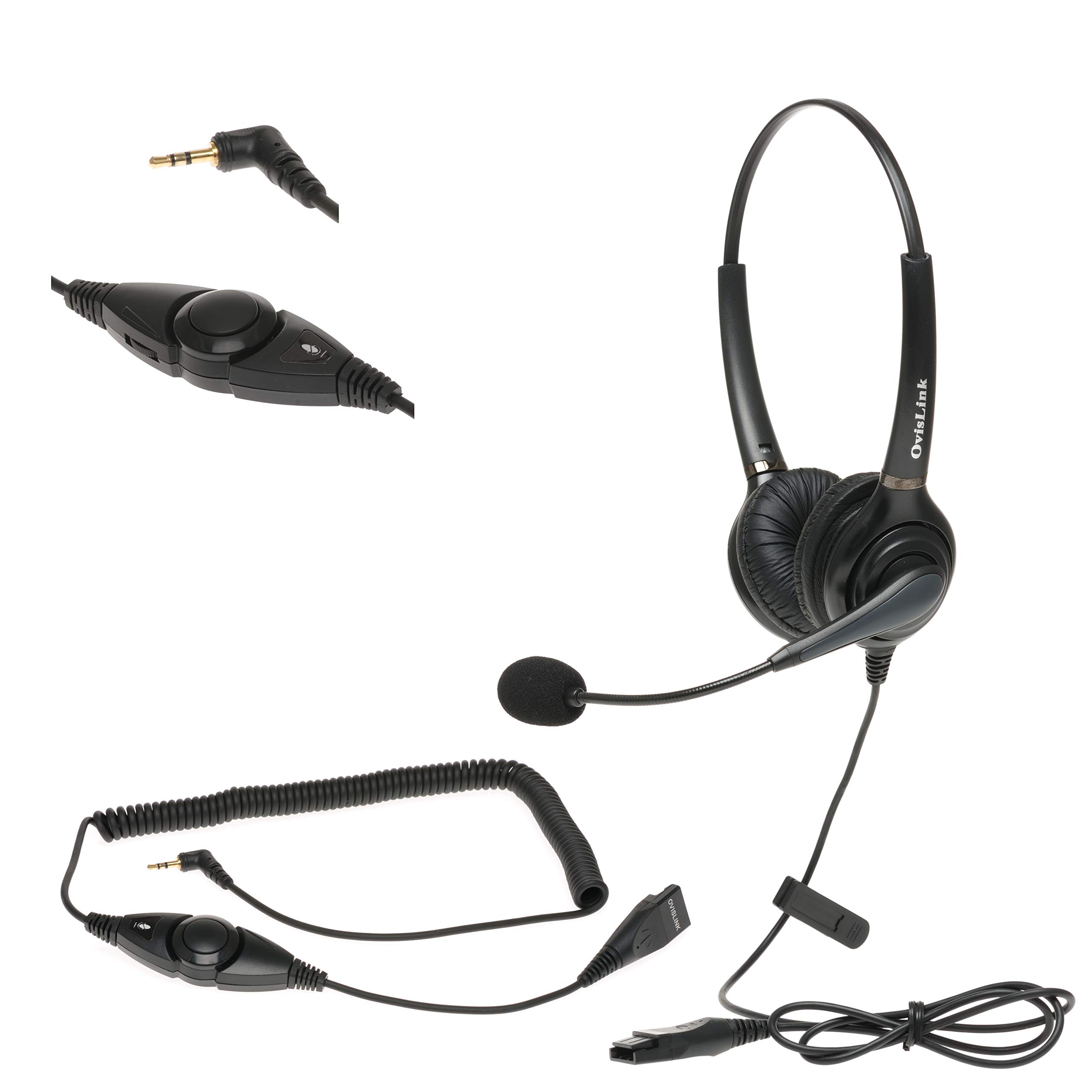 OvisLink コールセンターヘッドセット AT&T電話用 | デュアルイヤーヘッドセット ノイズキャンセリングマイク付き ボリュームコントロール ミュート機能 2.5mmボトムクイックディスコネクトコード付き | 快適で丈夫