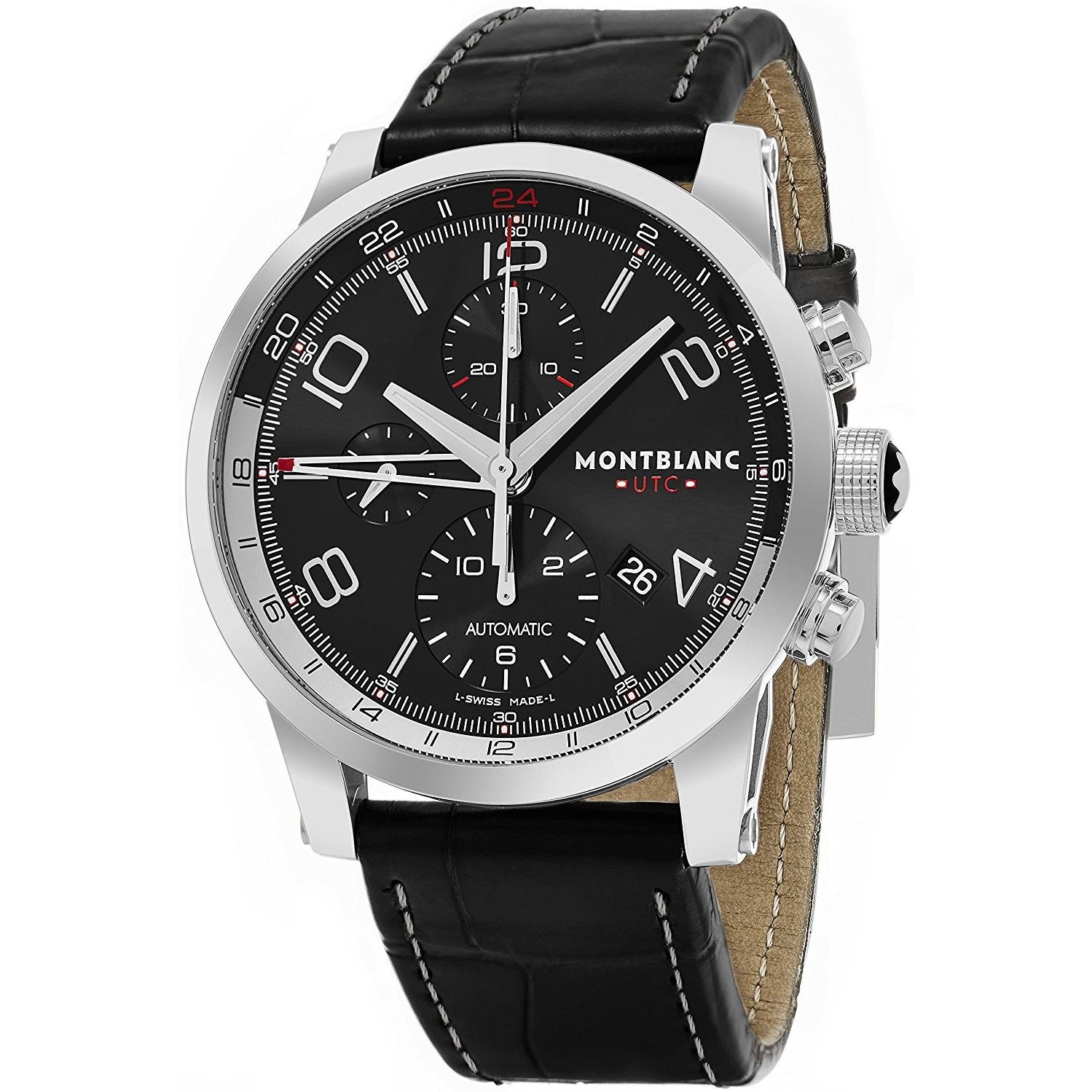 Montblanc Timewalker Chronovoyager UTC メンズ 黒いこと人間の顔 逢い引き クロノグラフ ブラックレザーストラップ スイス連邦製自動小銃一巻きウオッチ 107336  クロノグラフ。