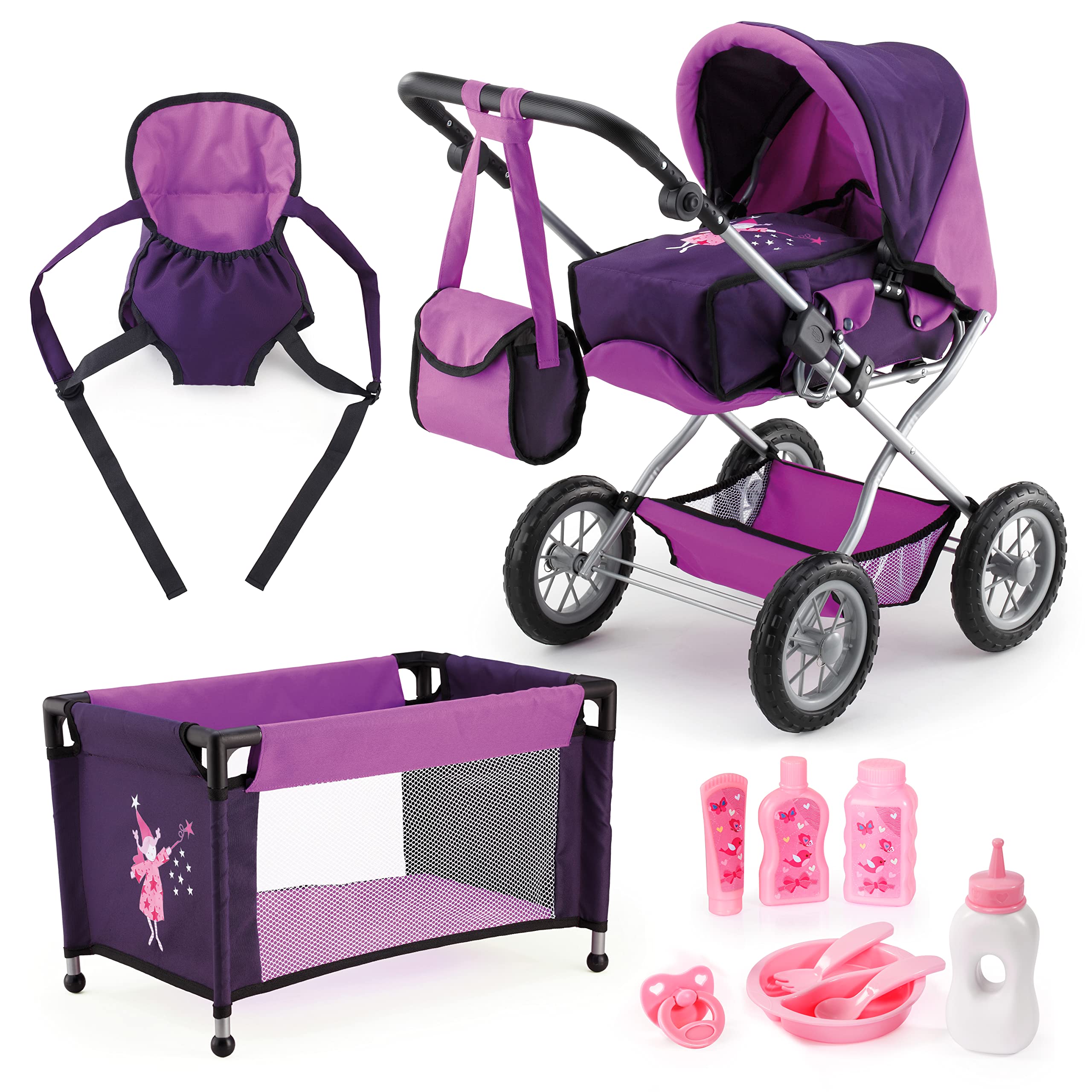 Bayer Design 46-75 cm Dolls Pram Combi Grande Set with Bag/Travel Cot/Dolls Carrier and Tableware Purple｜global研究所
