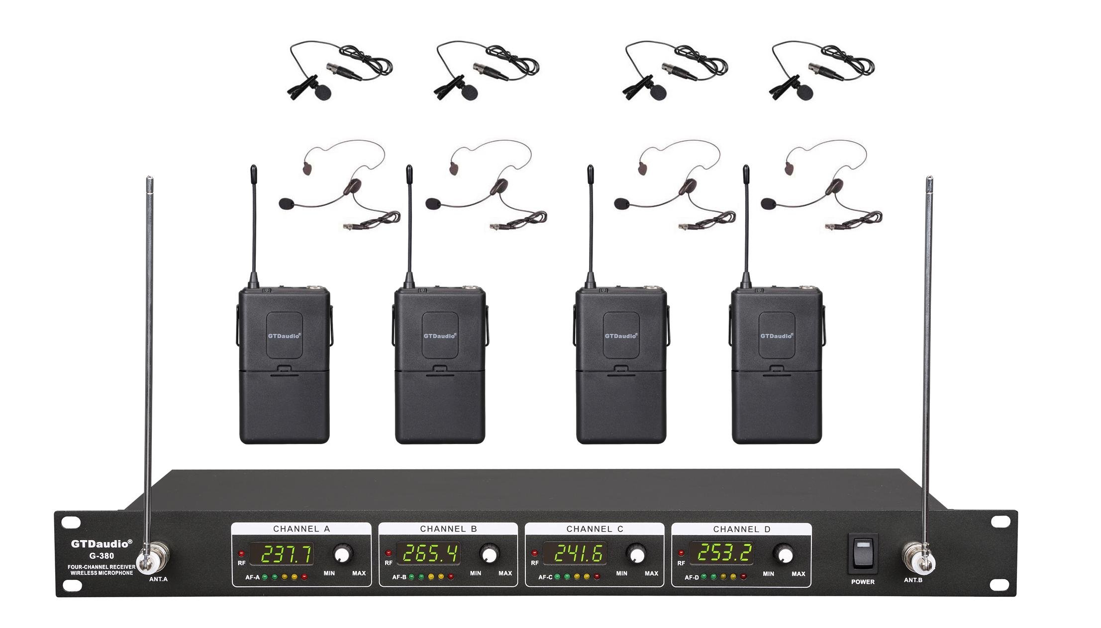 GTD Audio VHF Wireless Microphone System with 4 Headset Lavalier (Lapel) mics 380L