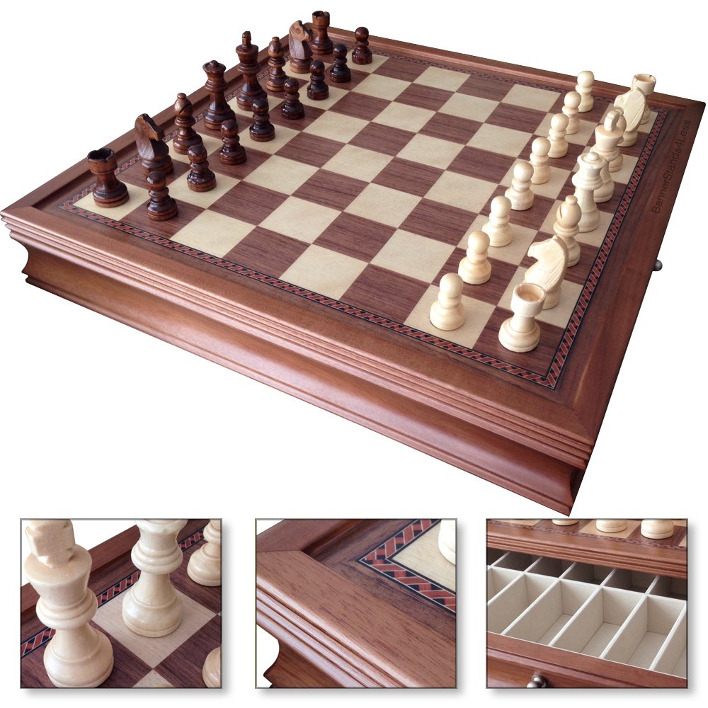 19 Deluxe Chess Board Game Set Drawers Storage Box Inlaid Walnut Wood Pieces