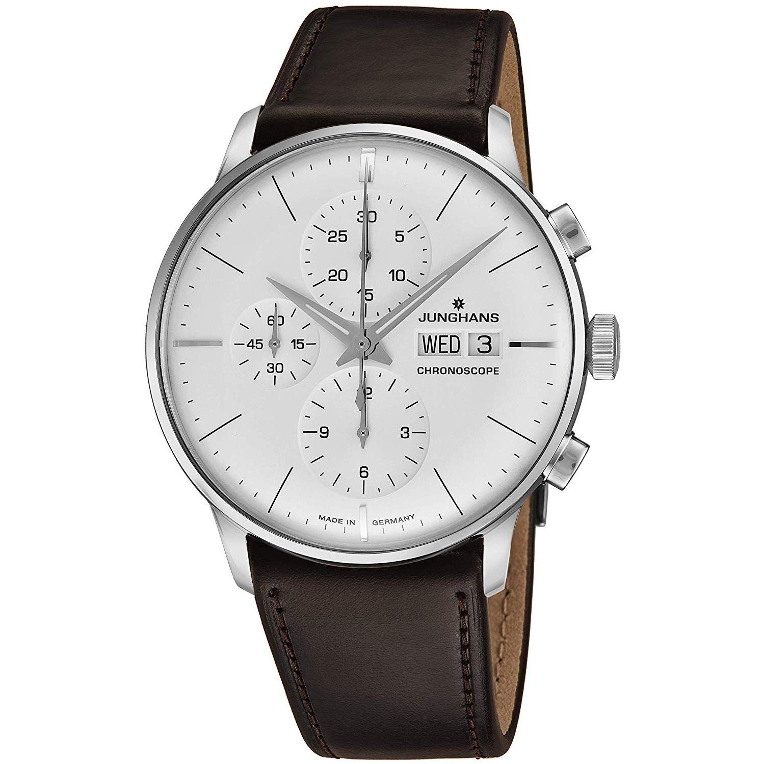 Junghans Meister クロノスコープ メンズ 曜日逢い引き 自動小銃クロノグラフウォッチ - 40粍 アナログ しろがね色人間の顔 夜光針 - ステンレス鋼スチール写真 バーガンディ なめし革ダンス楽隊 御前上等ウォッチ ＦＲＧ製 027/4120.01