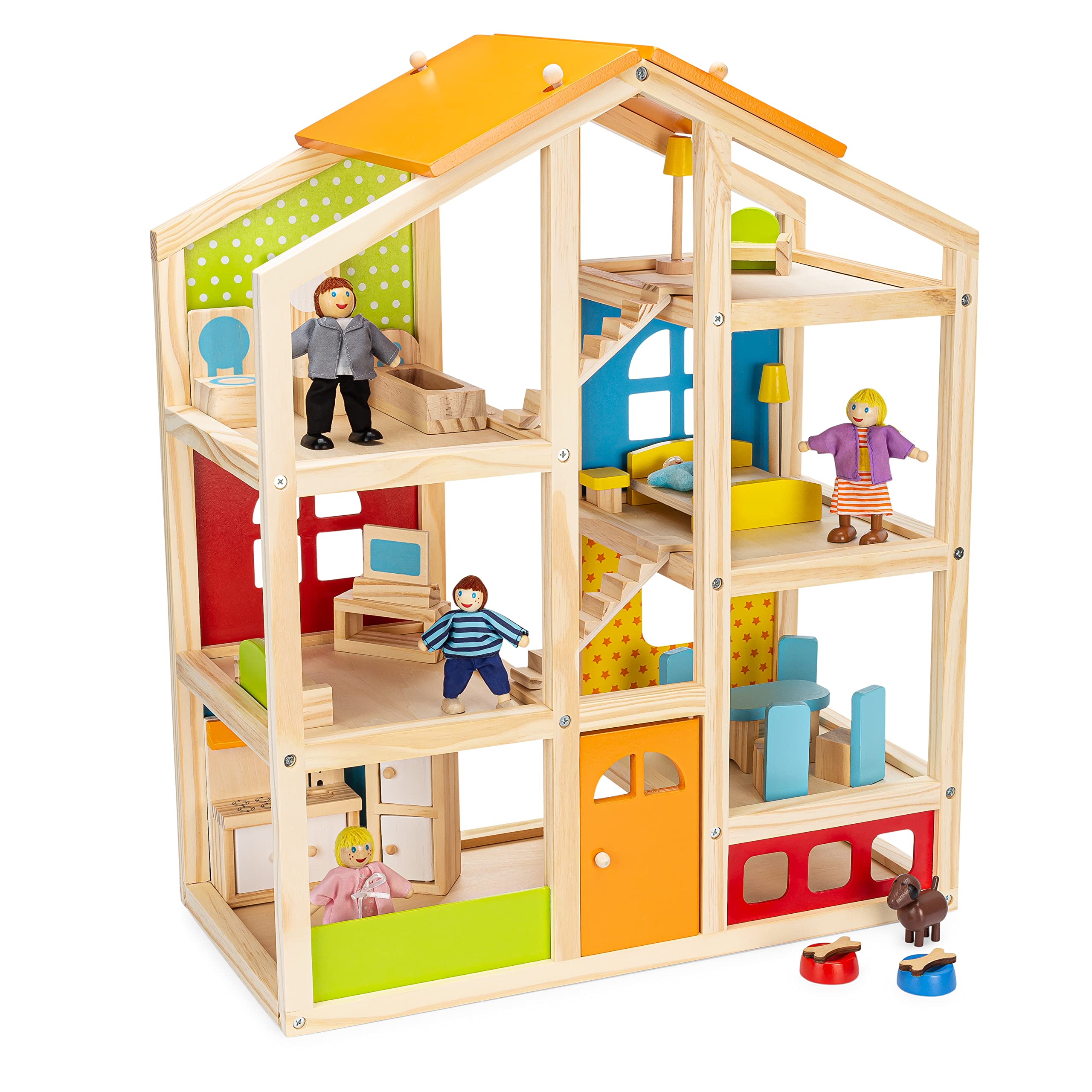 PIDOKO KIDS スカイラー木製お人形さん住みか - 調度品付属品20個、ファミリードール5個、ペットドッグ付き添い人 - 木製お人形さん住みか 3 4 ? 5歳のうしろ帯\u0026御坊っちゃん用
