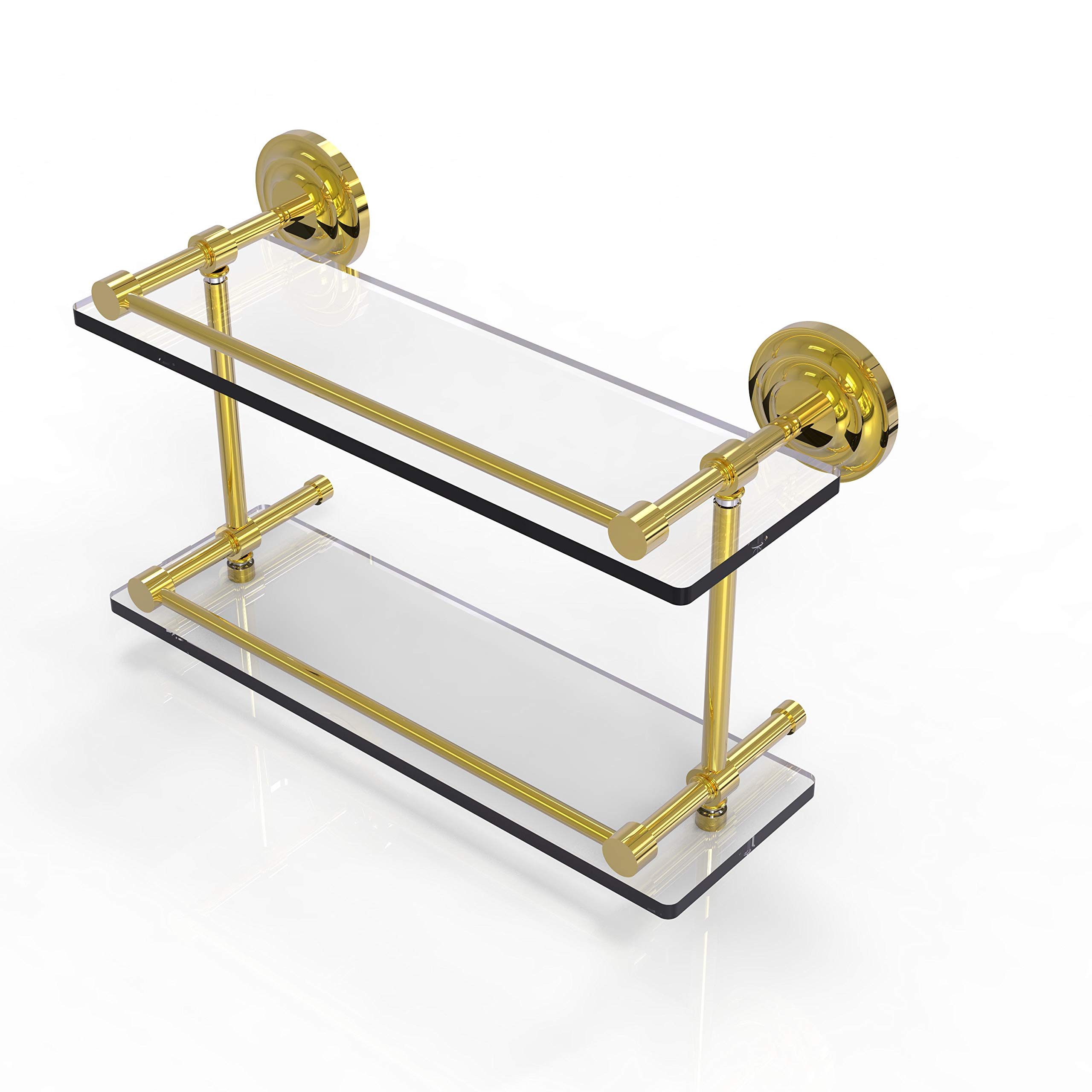 Allied Brass QN-2/16-GAL-PB Que New 16 Inch Double Gallery Rail Glass Shelf  Polished Brass