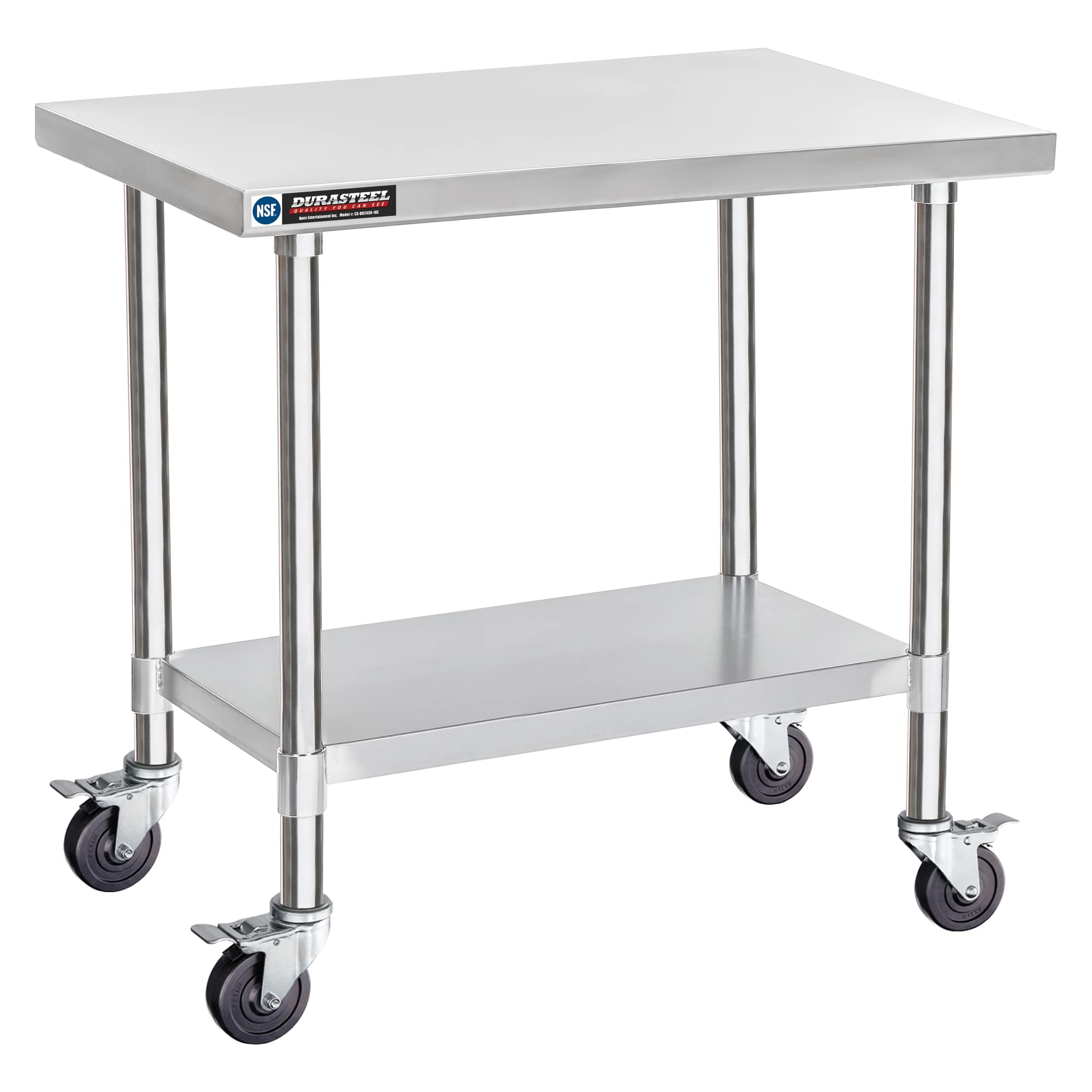 DuraSteel 食品準備用ステンレススチールテーブル - 24 x 36インチ 金属製テーブルカート - キャスターホイール付き業務用作業台 - NSF認証 - レストラン、倉庫、自宅、キッチン、ガレージ、シルバー