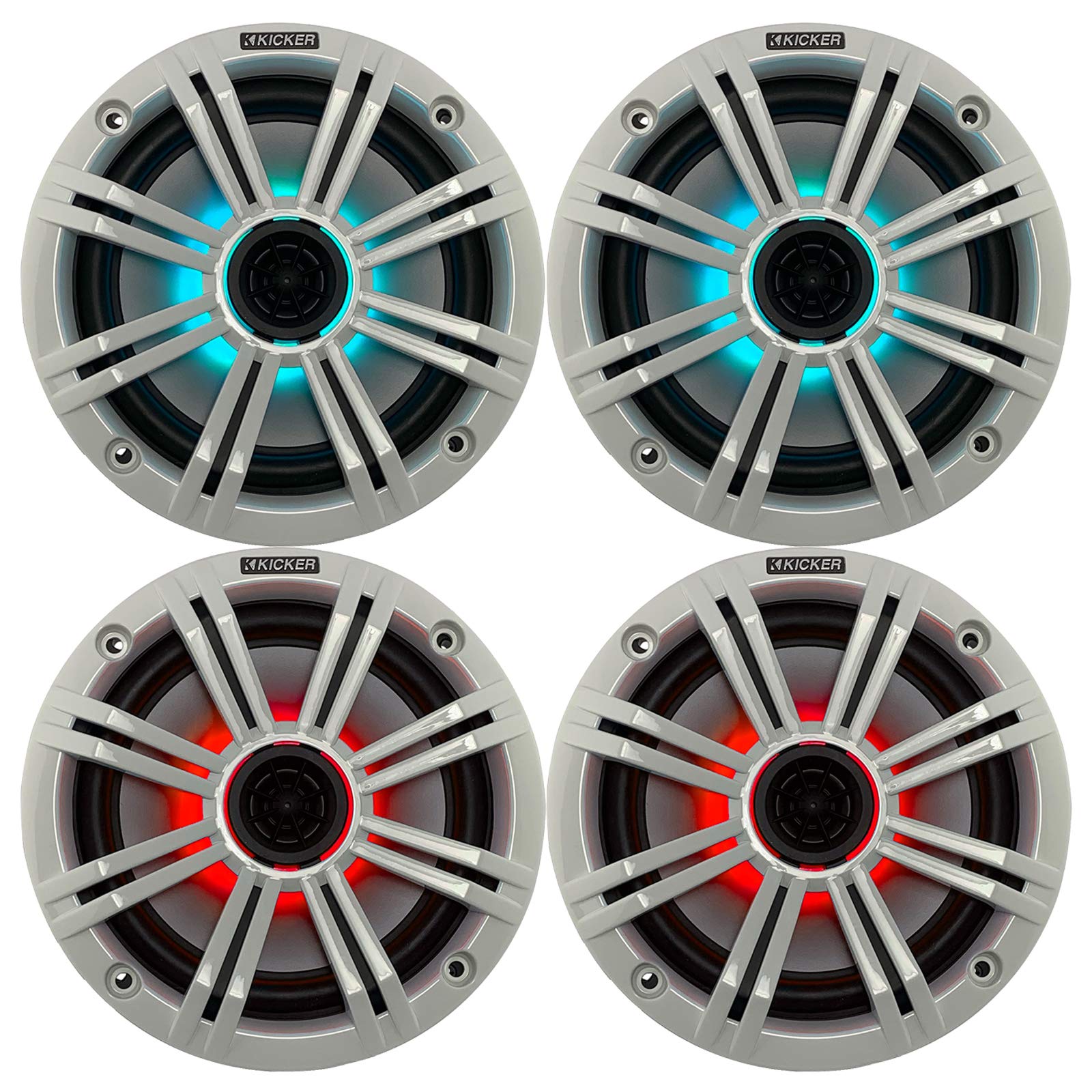 2- Pair (4-Speakers) Multi Color LED Lights Kicker 6.5 195W Marine Audio Coaxial Stereo White Grills