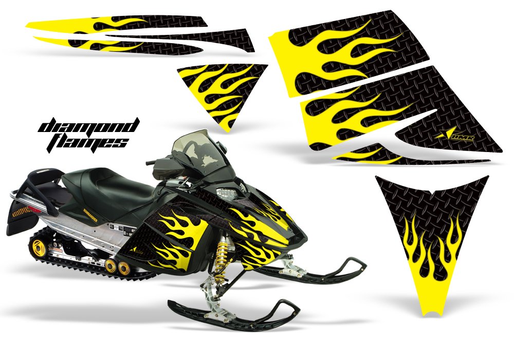 AMR Racing スノーモービルグラフィックキット ステッカー デカール Ski-Doo Rev 2004-2012相応う - 金剛石ひな形 黄色黒いこと