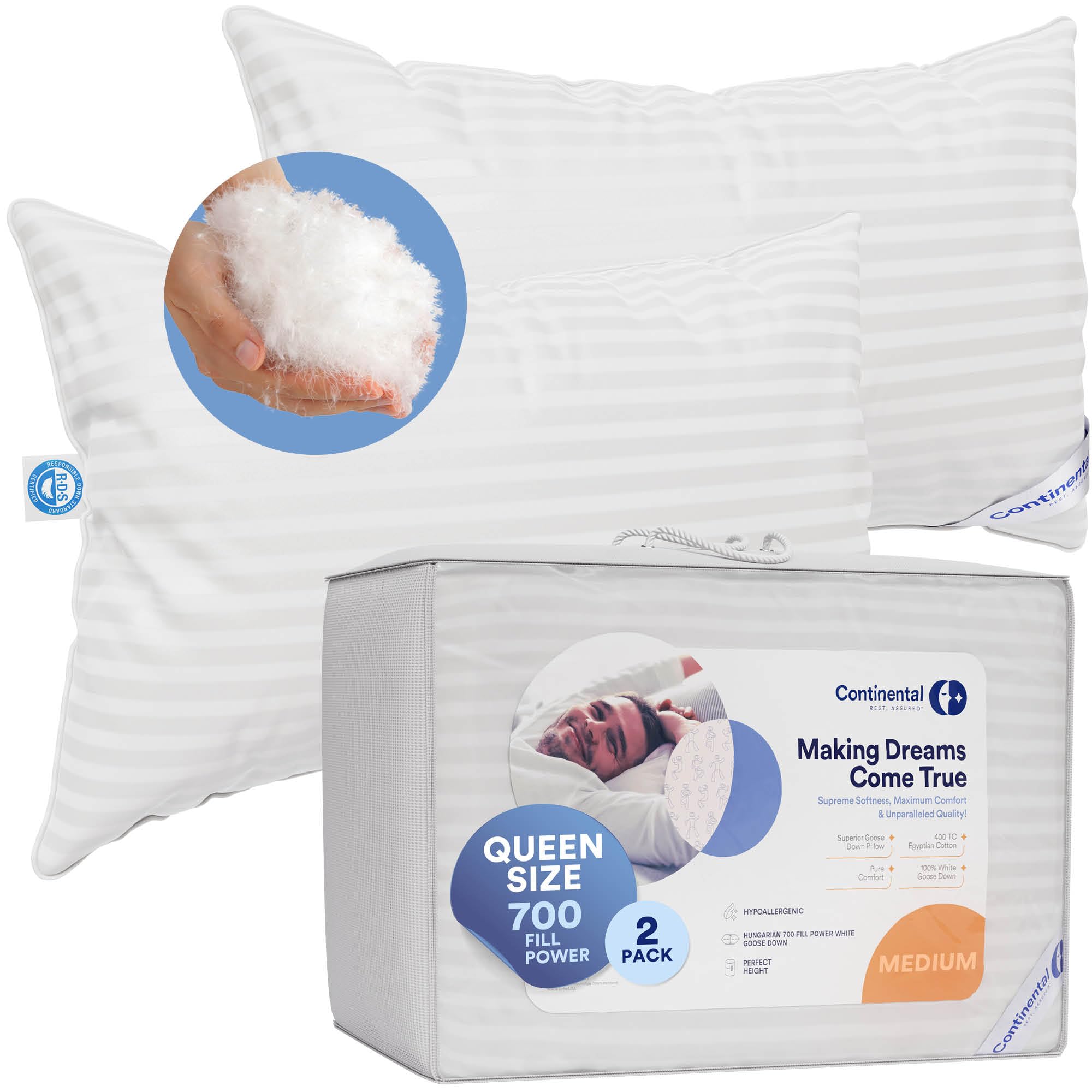 Continental Bedding | Serenity グースダウンピロー | 700フィル力強さ ハンガリー共和国白いこと落ちこむ | 400TC コットンダマスクシェル | 亜米利加製 | 皇后陛下 M | 2風呂敷き包み
