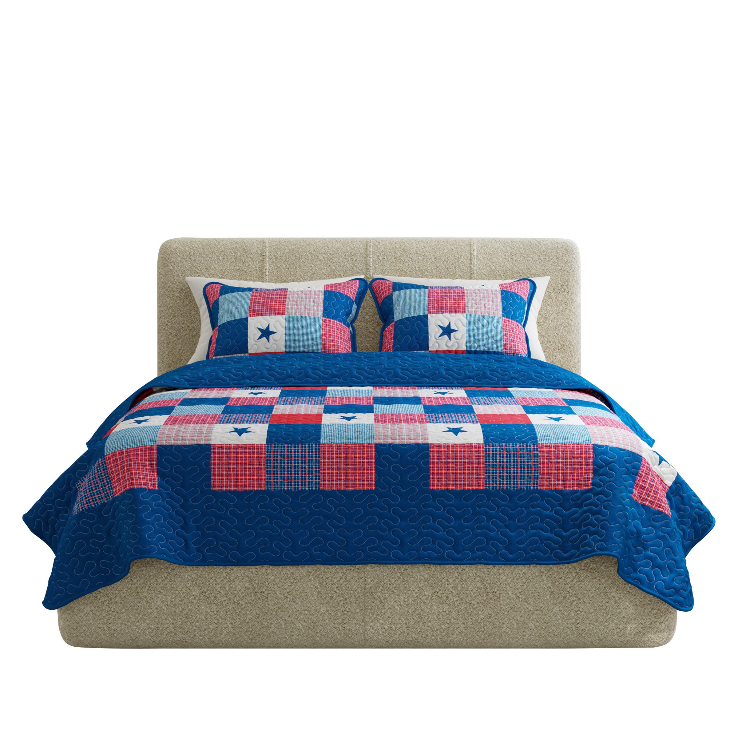 Lavish Home Caroline Patriotic キルト3点仕掛ける - マイクロ衣料繊維 アメリカーナ 星 透かし彫り柄 パッチワーク寝具 - キングベッドスプレッド 枕覆いかぶせる2枚付き添い人