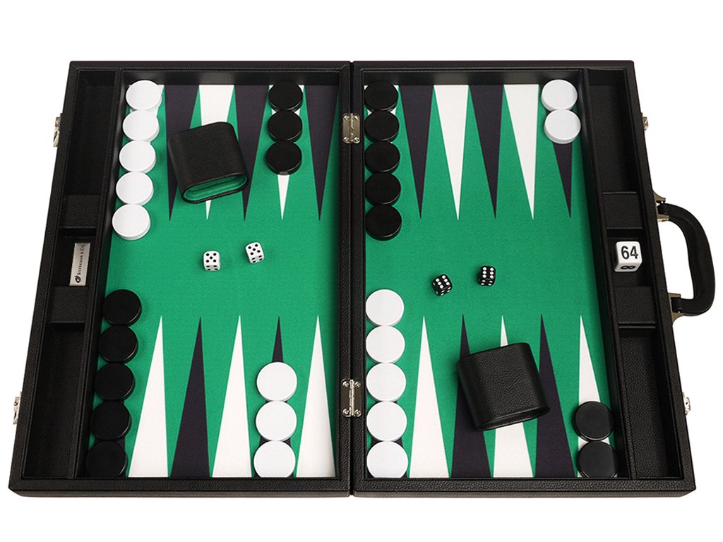 19-inch Premium Backgammon Set - Large Size - Black Board  Green Playing Surface  Black and White Points