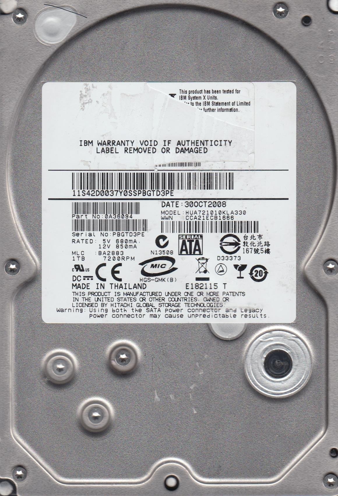 hua721010kla330、PN 0 a36094、MLC ba2883、IBM 1tb SATA 3.5ハードドライブ