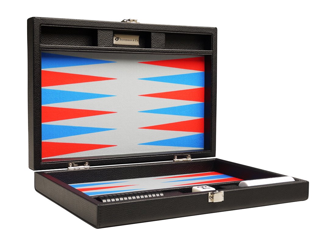 13-inch Premium Backgammon Set - Travel Size - Black Board Scarlet Red and Patriot Blue Points