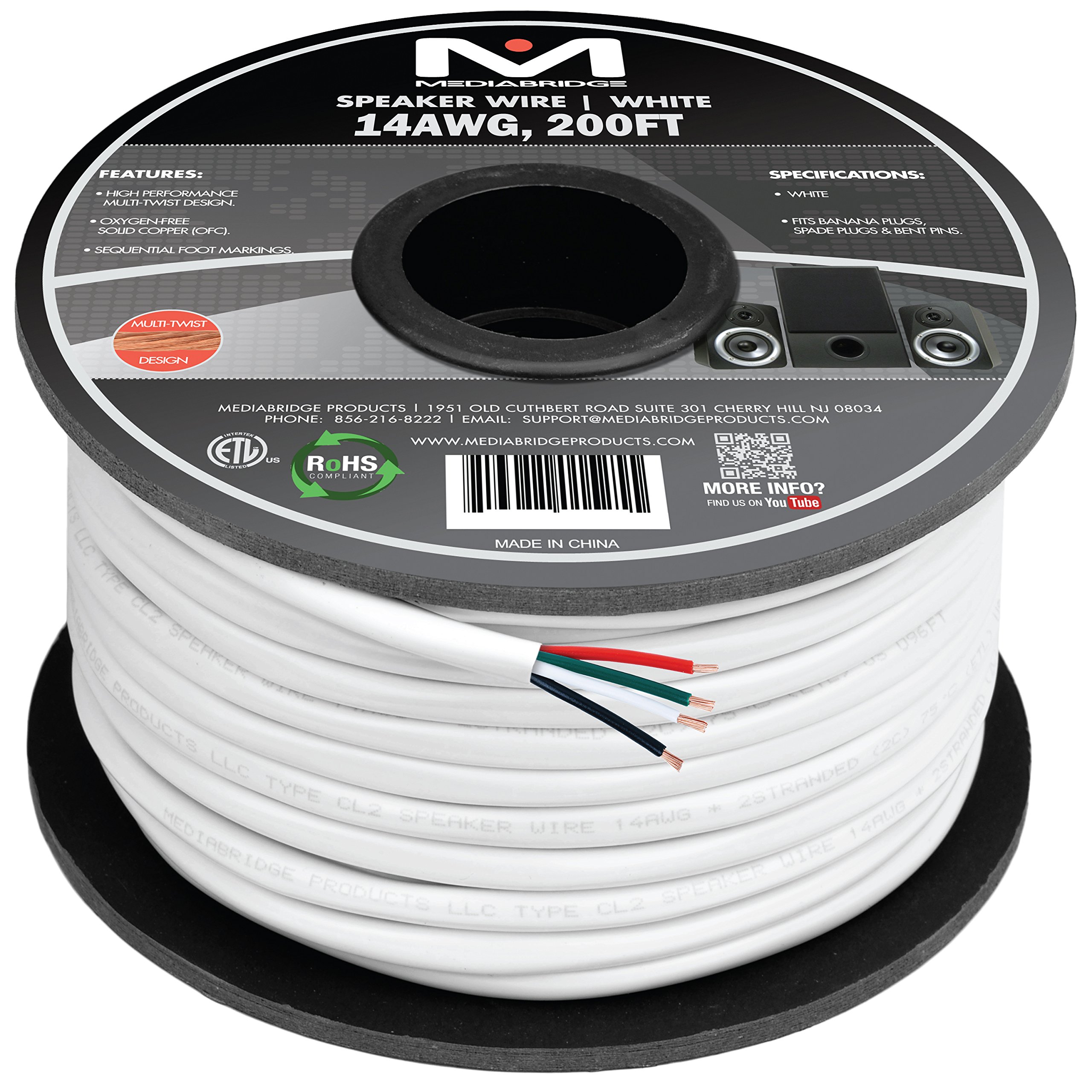 Mediabridge? 14AWG 4コンダクタースピーカーワイヤ (200フィート、ホワイト) - 99.9%無酸素銅 - ETL認証取得 & CL2定格壁内使用(パーツ# SW-14X4-200-WH)｜global研究所