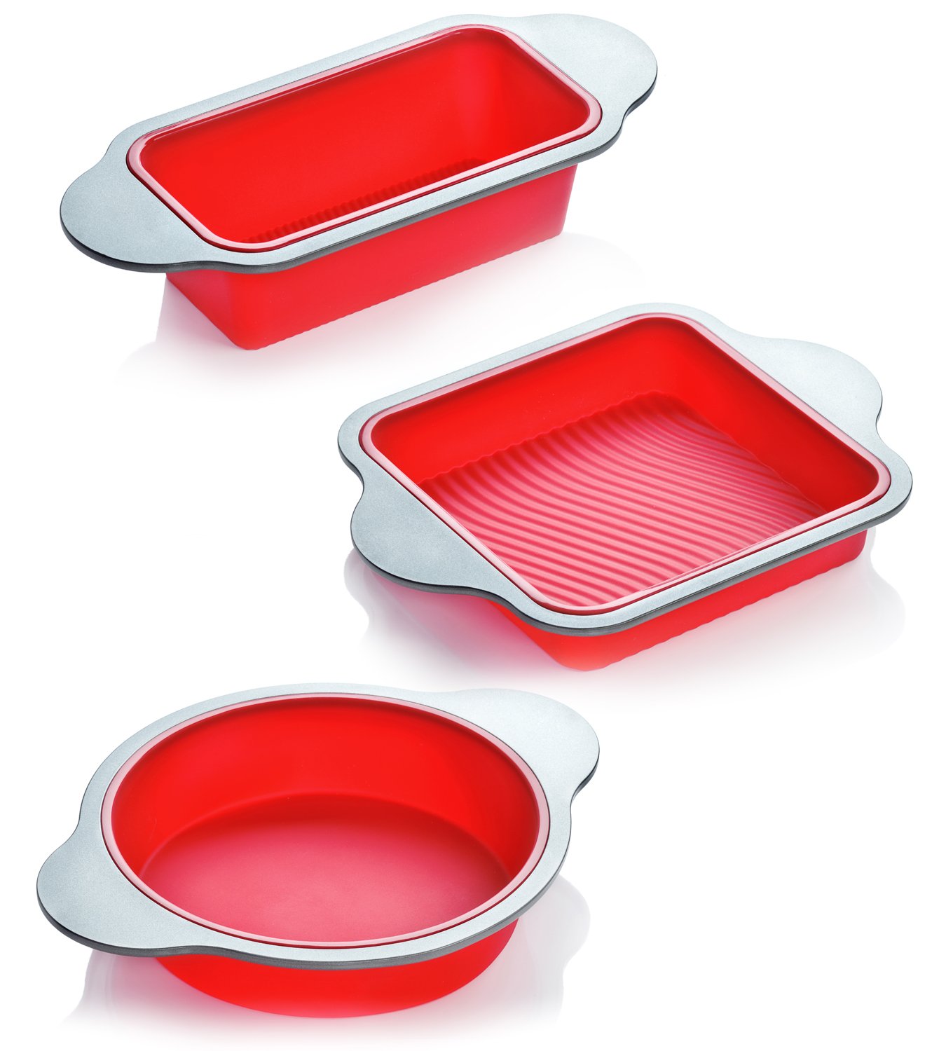 Silicone Bakeware Set | 3-Piece Professional Non-Stick Silicone Baking Set by Boxiki Kitchen | Includes Round Cake Mold Pan Square Cake Mold Pan Bread Loaf Mold Pan | FDA Silicone w/ Steel Frame by Boxiki Kitchen