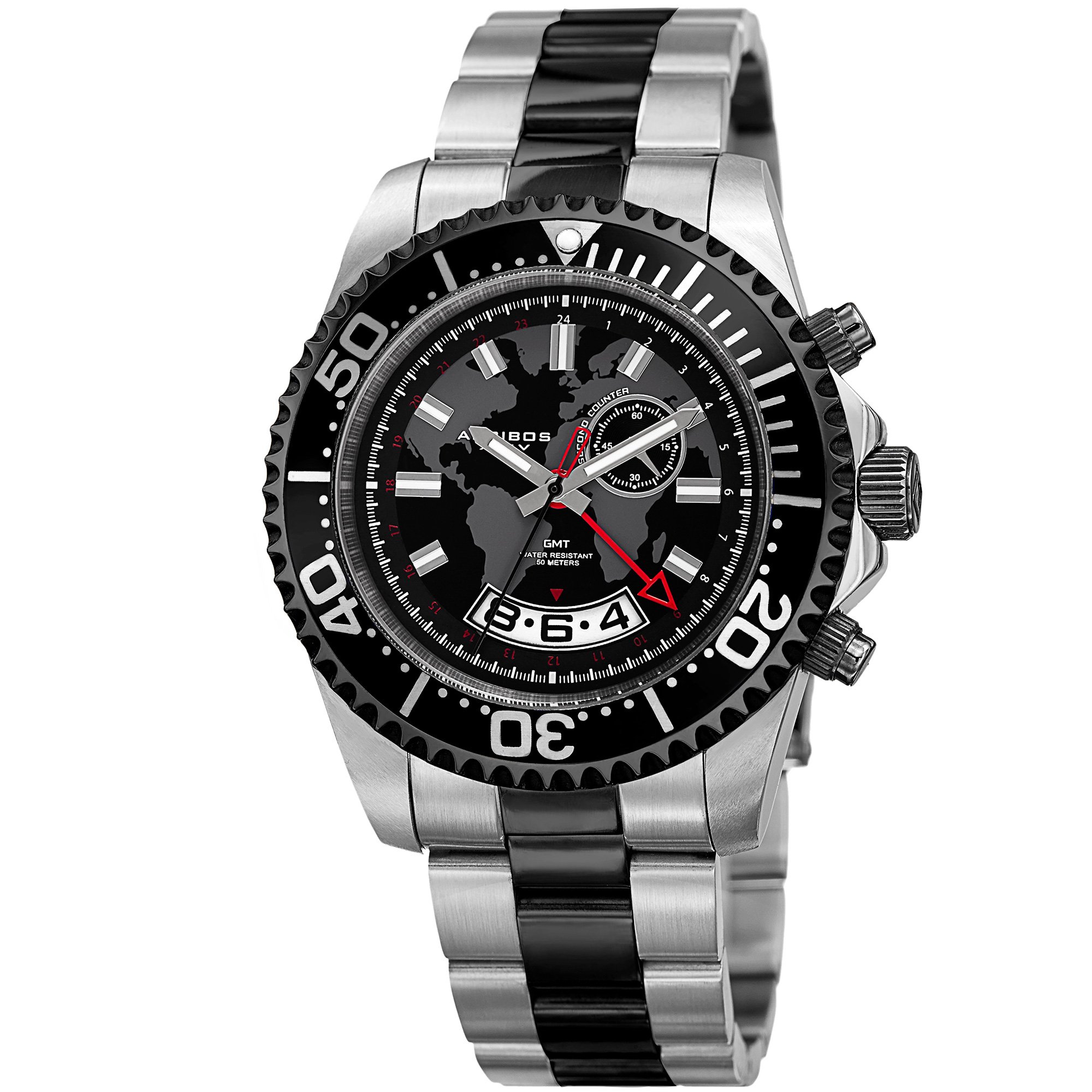 [アクリボス XXIV] Akribos XXIV 腕時計 Men's Multi-Function Silver-Tone Stainless Steel Case with Black/Gray Globe Design Dial and Black Bezel on Two-Tone Stainless Steel Bracelet Watch スイス製クォーツ AK955TTB メンズ 【並行輸入品】｜global研究所