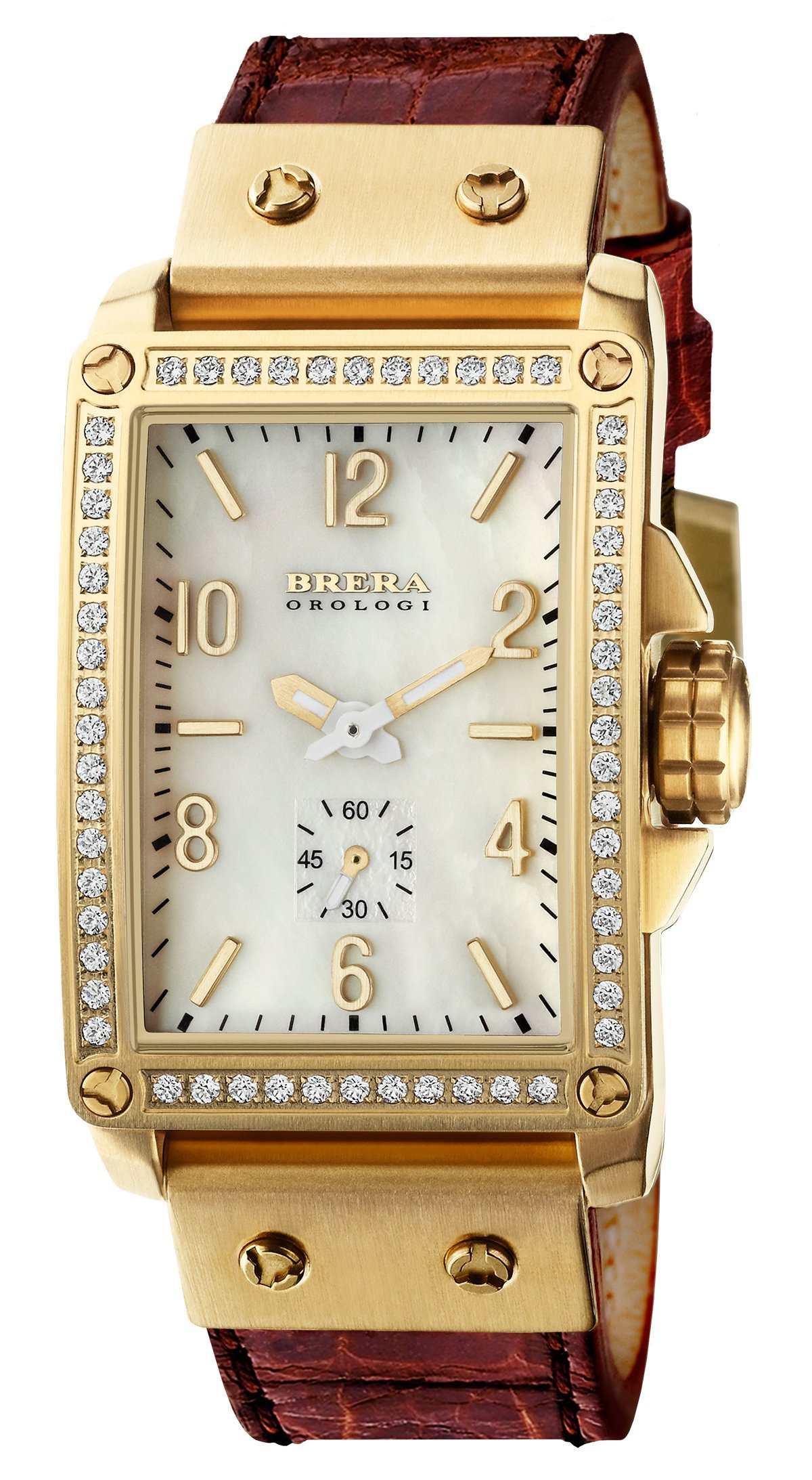 Brera OrologiイエローゴールドダイヤモンドFrancesca 40 mm x 30 mm長方形レディース時計ホワイト母のパールダイヤルブラウンアリゲーターストラップ