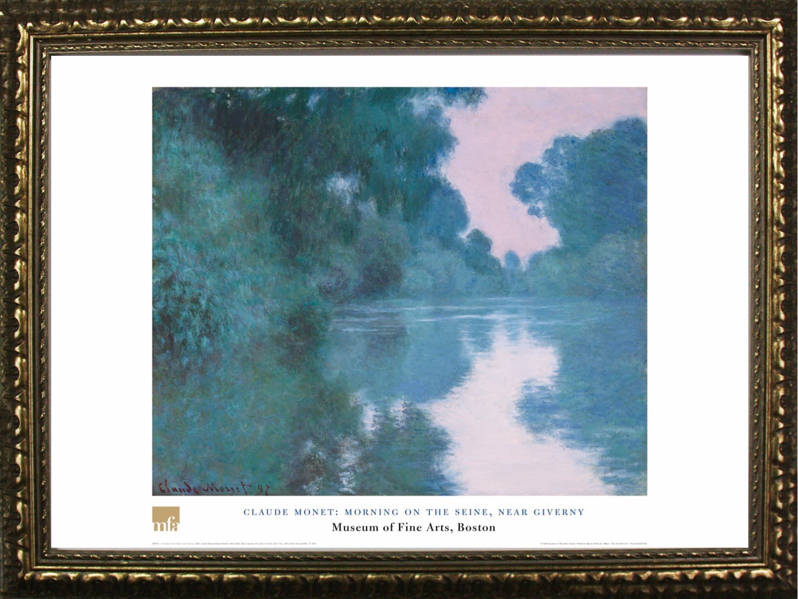 Framed Morning On The Seine   near Giverny byクロード・モネ24 x 32アートプリントポスター知られたな水見晴らし画through the treesから豆の町総合博物館寄せあわせ