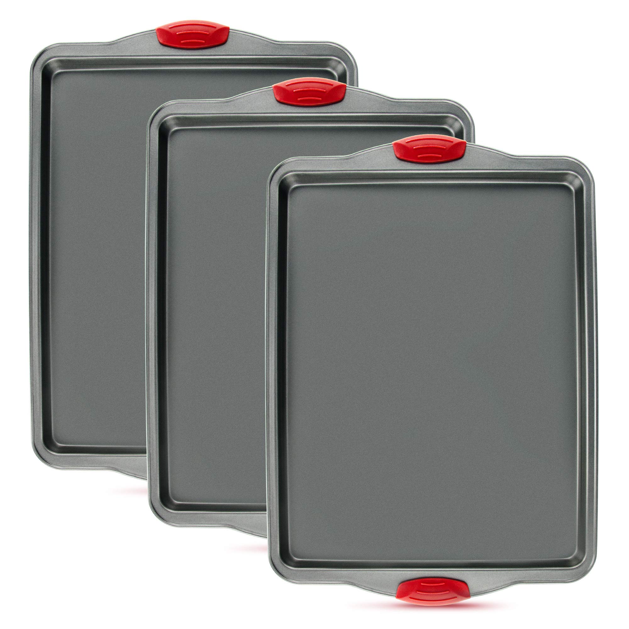 Baking Sheet Set Nonstick 3-Piece by Boxiki Kitchen Non-Stick Steel Commercial Bakers Sheet Pans Cookie Baking Moulds With Silicone Handles