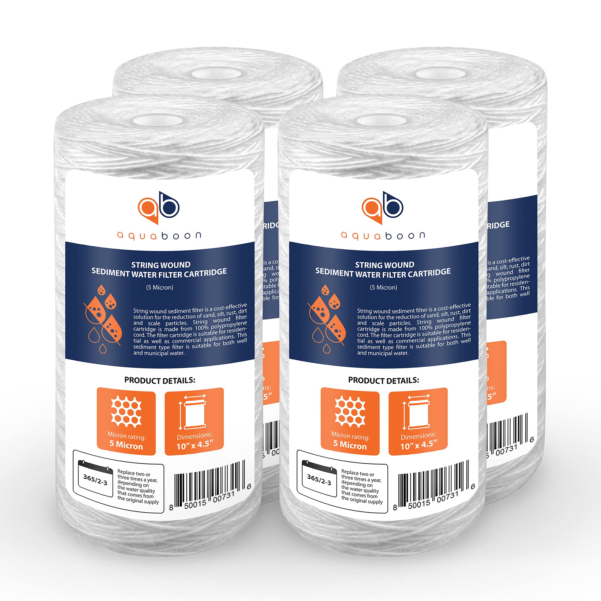 (4 5 Micron) - 4-PACK Of 5 Micron 25cm Big Blue String Wound Sediment Water Filter Cartridge by Aquaboon