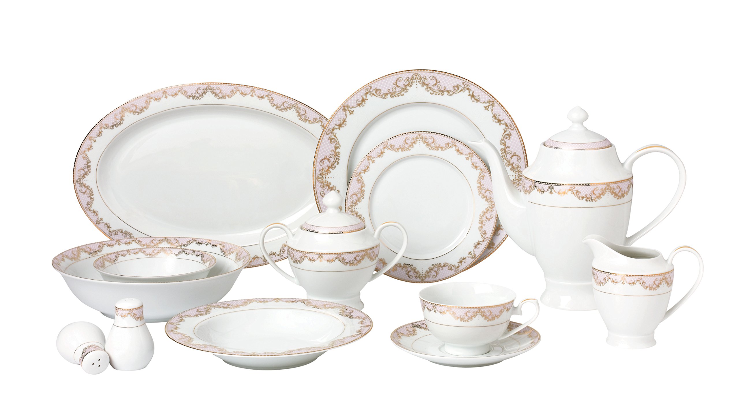 Lorren Home Trends 57ピース 「美女」ボーンチャイナ食器セット (8人用) ピンク