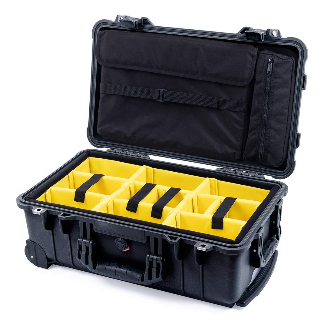 ブラックのPelican 1510ケース、イエローの仕切り、コンピューターポーチ、TSAロック付き。
