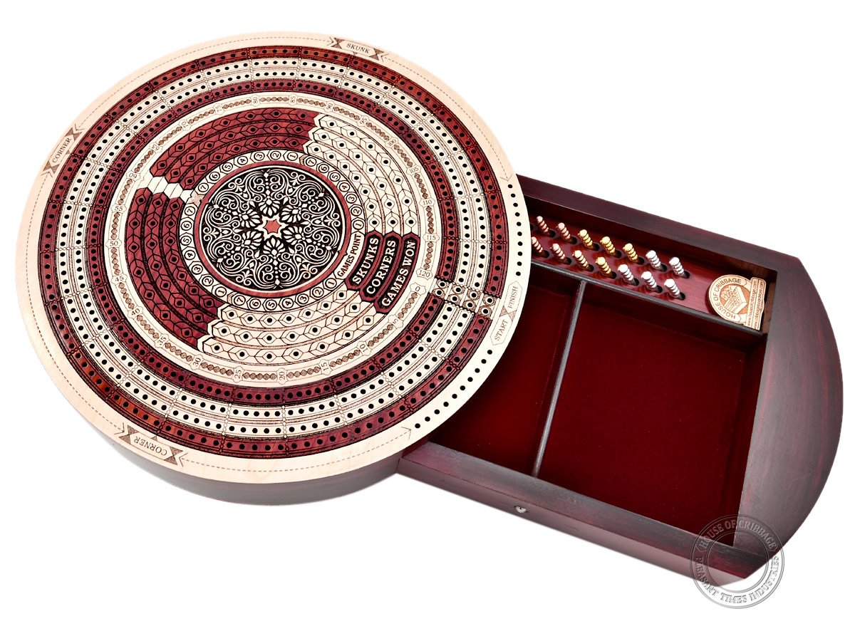 House of Cribbage - 25cm Round Shape 4 Tracks Continuous Cribbage Board Maple/Bloodwood - Push Drawer & place for Skunks Corners & Won Games｜global研究所 19,097円