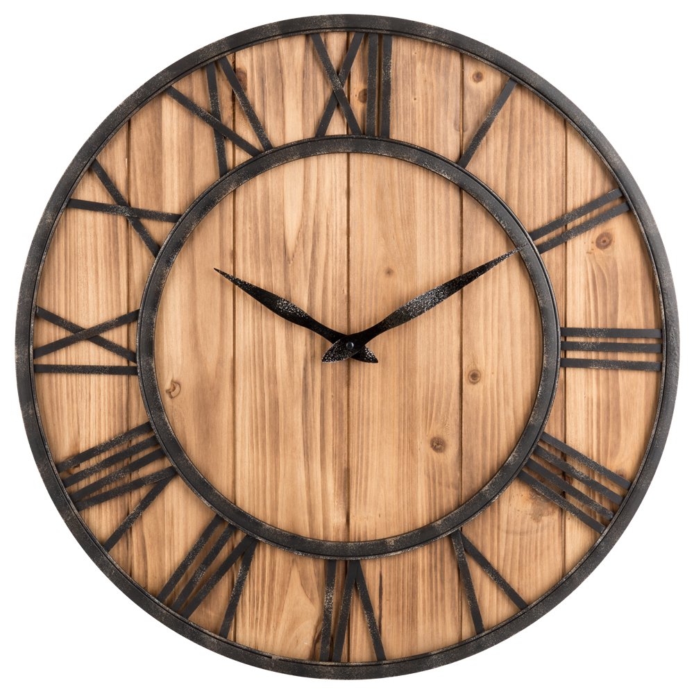 OLDTOWN Farmhouse Rustic Barn Vintage Bronze Metal & Solid Wood Noiseless Big Oversized Wall Clock (X-Large 60cm)