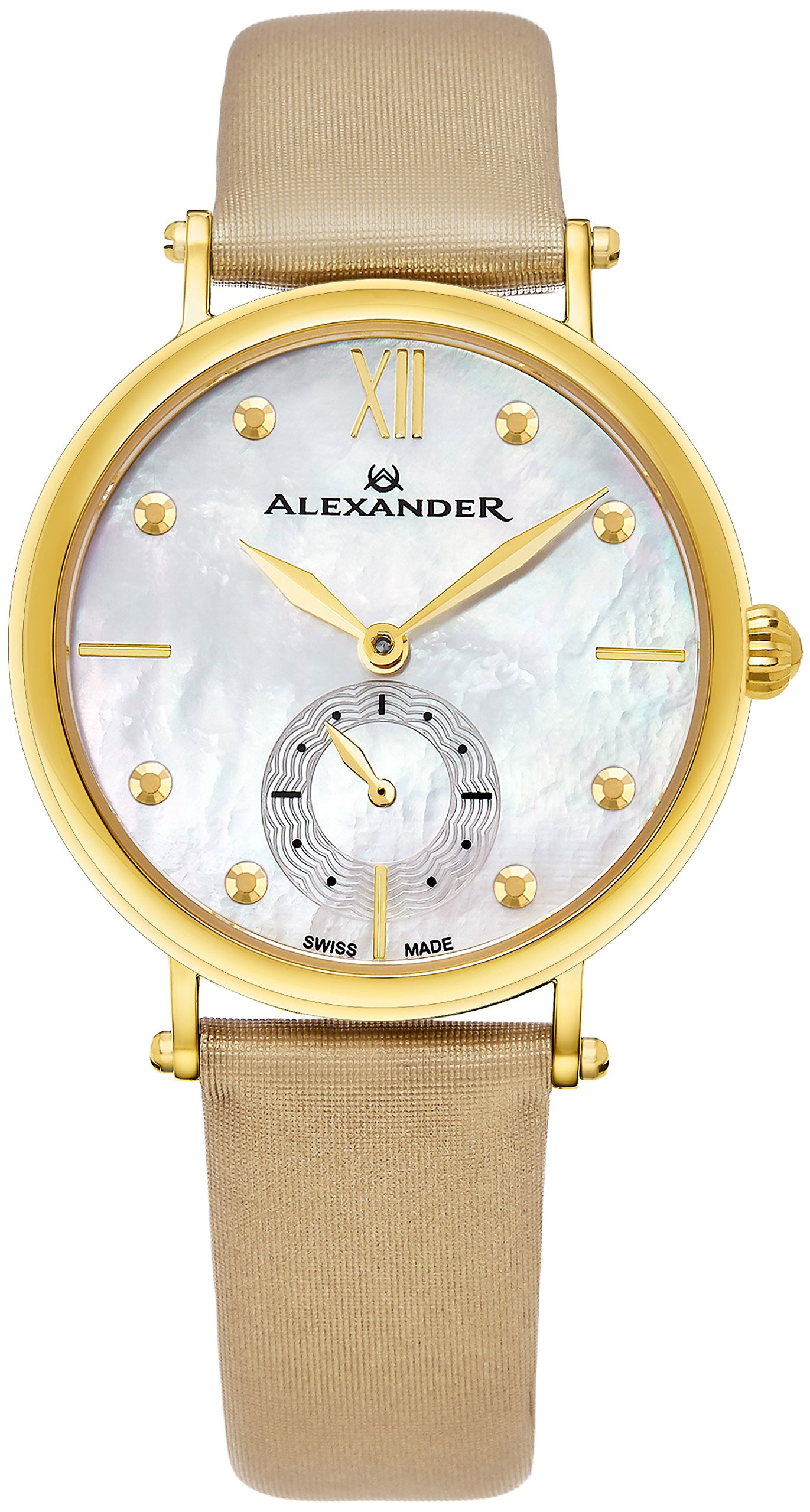 Alexander Monarch Roxanaホワイト母のパールLarge FaceステンレススチールメッキイエローゴールドWatch for Women ? スイスクォーツブラウンサテンレザーバンドエレガントレディースドレス腕時計a201 ? 02｜global研究所