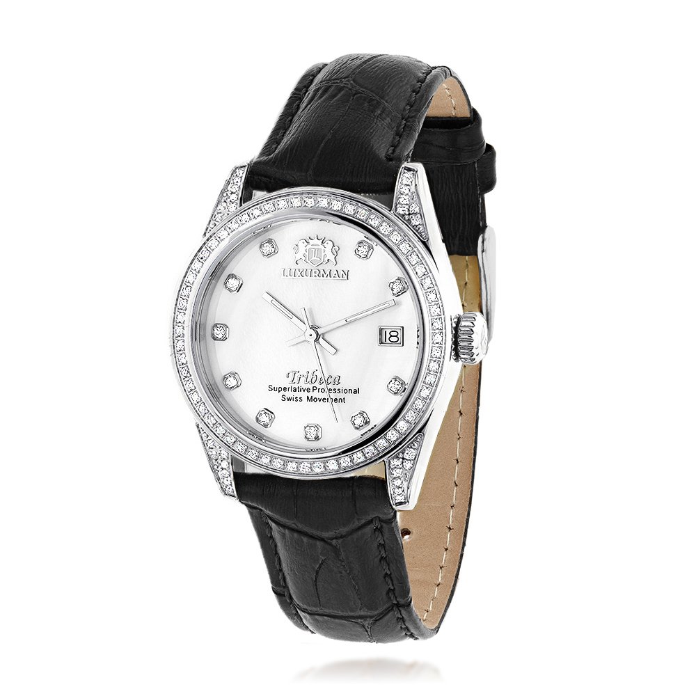 Luxurman Tribeca Real Diamond Watch for Women SwissクオーツステンレススチールCase andホワイトレザーバンド