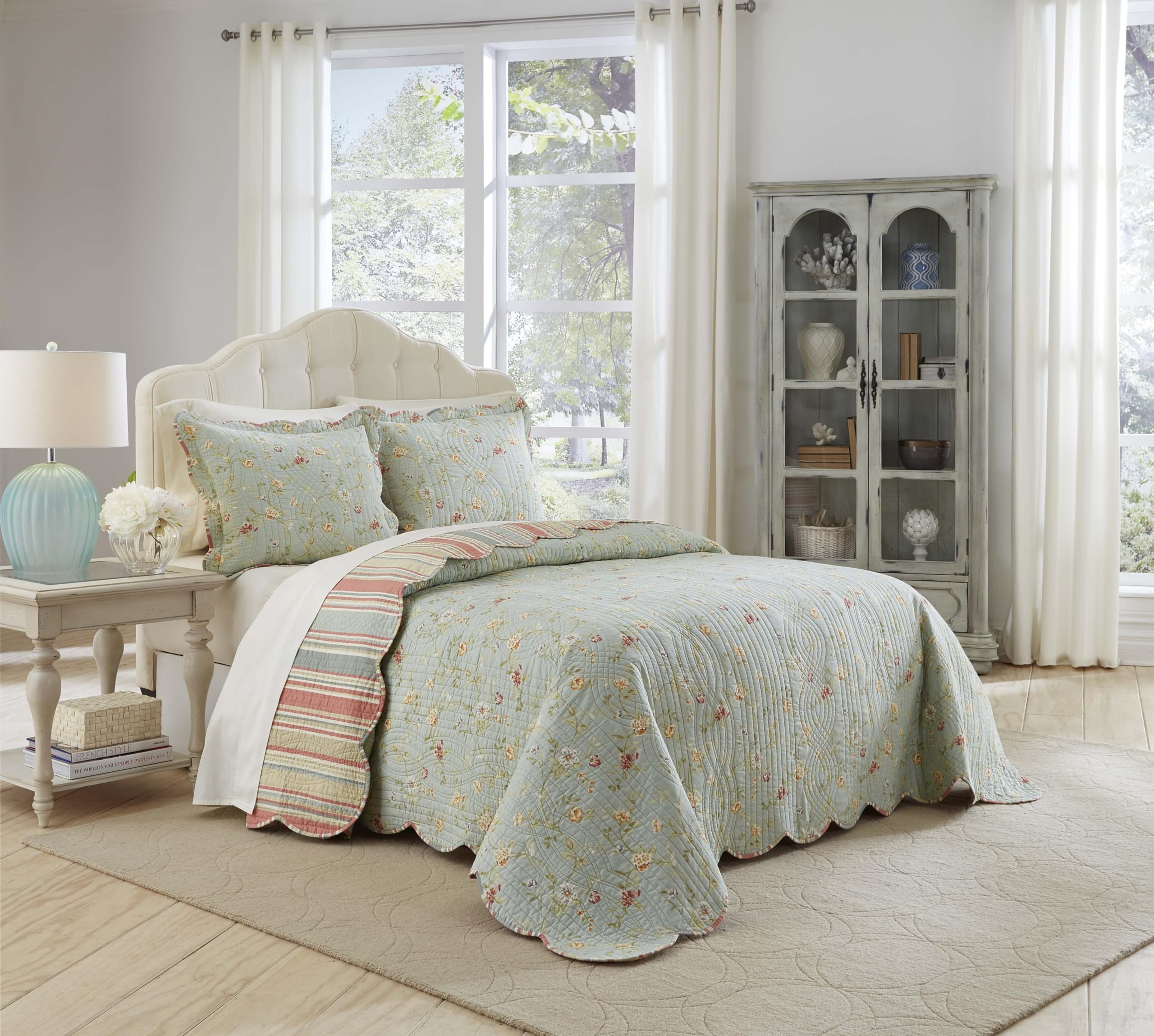 Waverly Garden Glitz モダン ファームハウス フローラル 3ピース リバーシブル キルト 寝具 ベッドスプレッドセット キング/カリフォルニアキング ベイパー｜global研究所