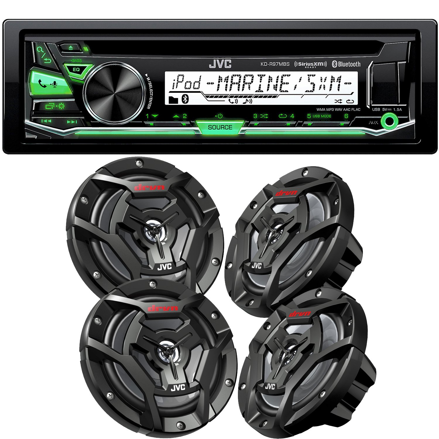 JVC kd-r97mbs Bluetooth Marineラジオと2つのペアのJVC cs-dr6200 m 6.5 ブラックMarine同軸スピーカー